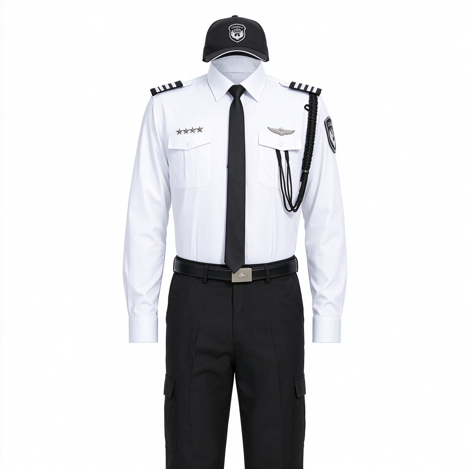 A professional men’s security uniform, this white short sleeve set includes a stand collar shirt, black tie, black belt, epaulets, chest badges, arm patch, black security cap and matching black work trousers. The clean white color with black accessories creates a formal and authoritative look, suitable for security officers, airport security, hotel security, office security, mall security, event security and daily patrol duties in the UAE._11