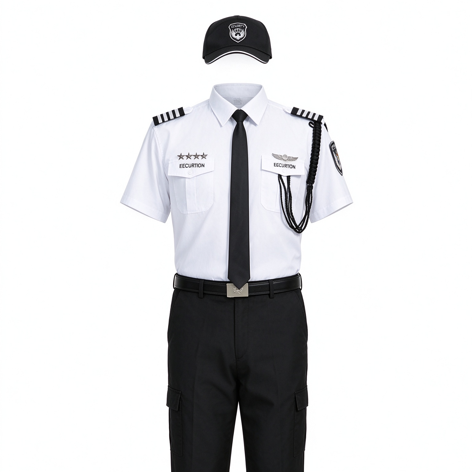 A professional men’s security uniform, this white short sleeve set includes a stand collar shirt, black tie, black belt, epaulets, chest badges, arm patch, black security cap and matching black work trousers. The clean white color with black accessories creates a formal and authoritative look, suitable for security officers, airport security, hotel security, office security, mall security, event security and daily patrol duties in the UAE._3