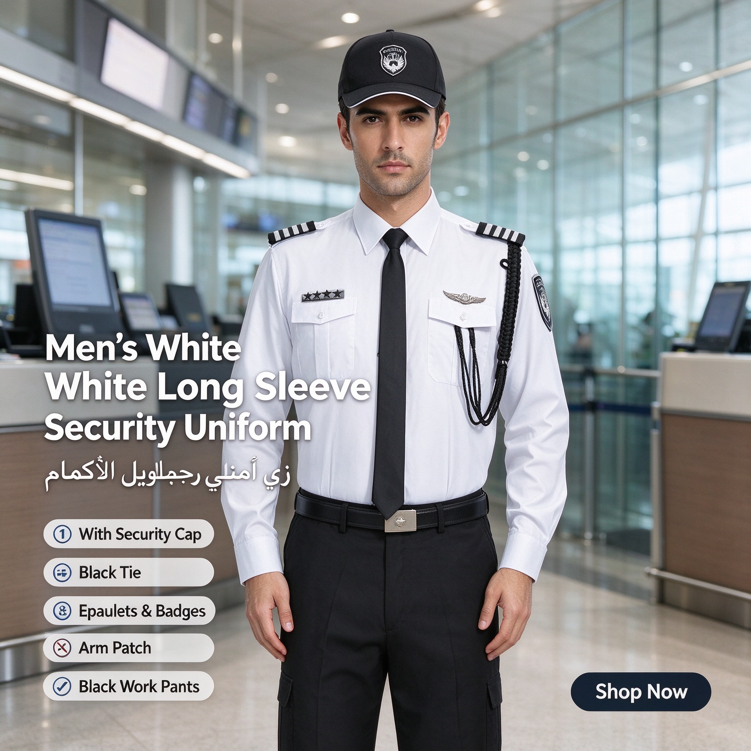 A professional men’s security uniform, this white short sleeve set includes a stand collar shirt, black tie, black belt, epaulets, chest badges, arm patch, black security cap and matching black work trousers. The clean white color with black accessories creates a formal and authoritative look, suitable for security officers, airport security, hotel security, office security, mall security, event security and daily patrol duties in the UAE._2