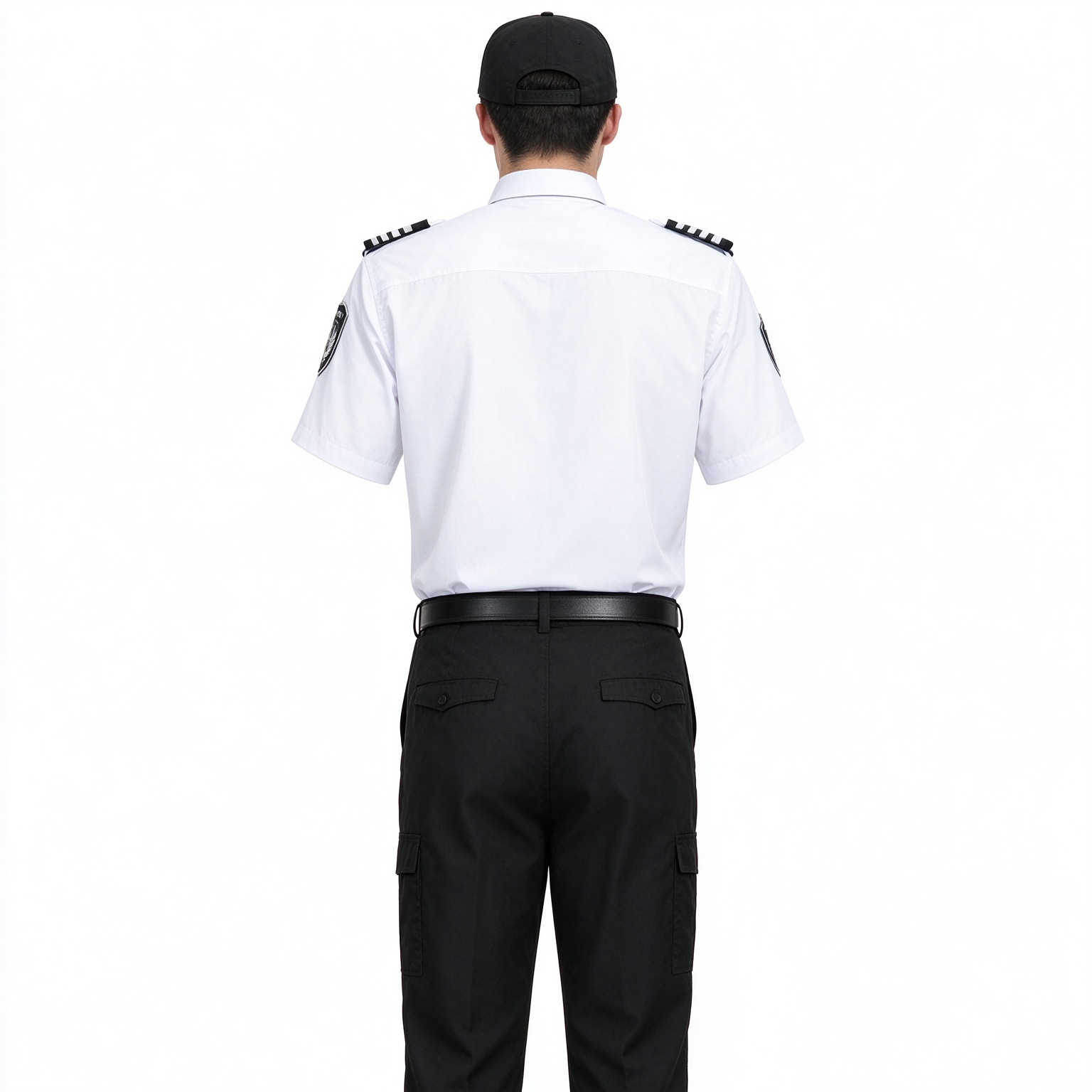A professional men’s security uniform, this white short sleeve set includes a stand collar shirt, black tie, black belt, epaulets, chest badges, arm patch, black security cap and matching black work trousers. The clean white color with black accessories creates a formal and authoritative look, suitable for security officers, airport security, hotel security, office security, mall security, event security and daily patrol duties in the UAE._16