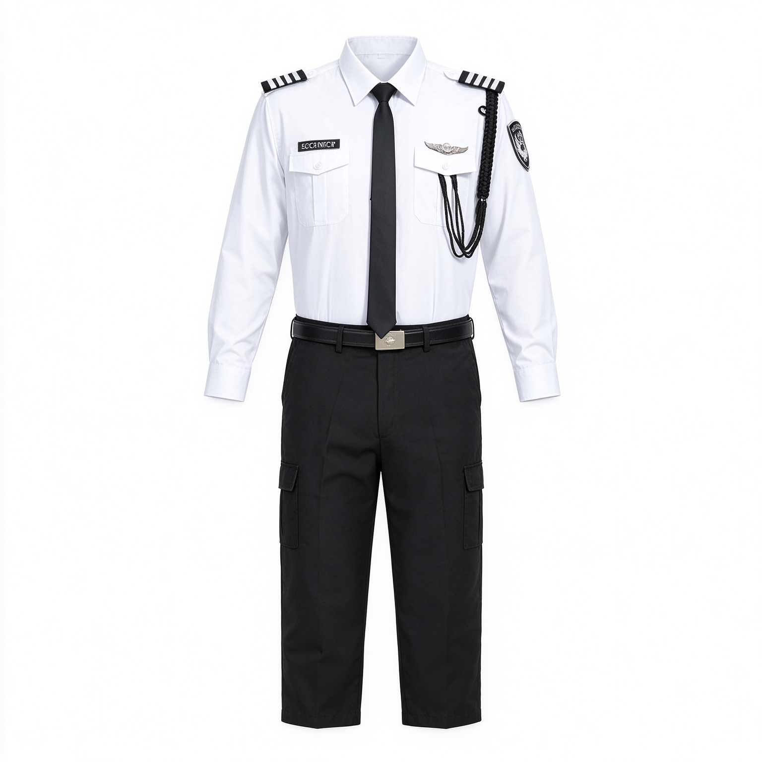 A professional men’s security uniform, this white short sleeve set includes a stand collar shirt, black tie, black belt, epaulets, chest badges, arm patch, black security cap and matching black work trousers. The clean white color with black accessories creates a formal and authoritative look, suitable for security officers, airport security, hotel security, office security, mall security, event security and daily patrol duties in the UAE._7