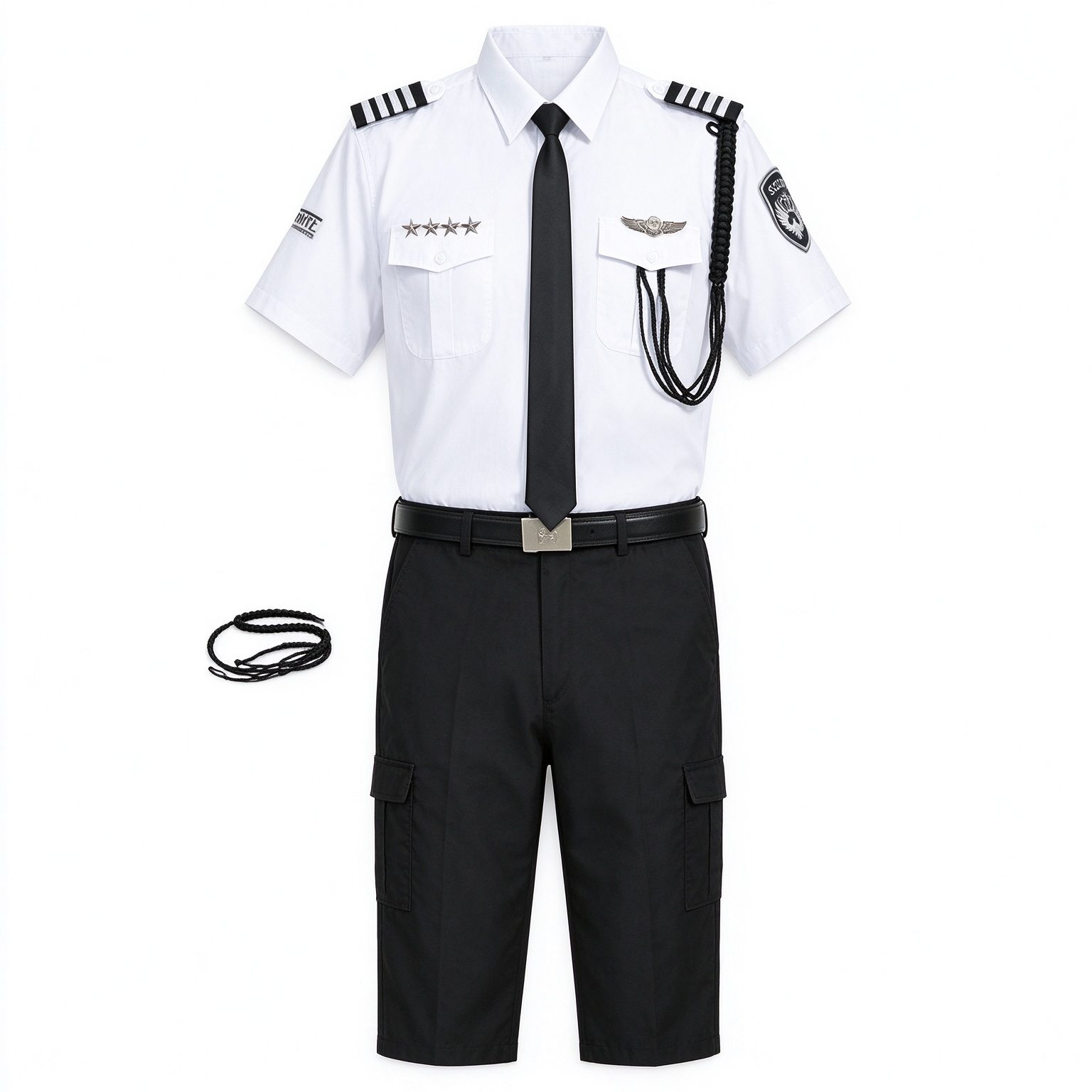 A professional men’s security uniform, this white short sleeve set includes a stand collar shirt, black tie, black belt, epaulets, chest badges, arm patch, black security cap and matching black work trousers. The clean white color with black accessories creates a formal and authoritative look, suitable for security officers, airport security, hotel security, office security, mall security, event security and daily patrol duties in the UAE._13