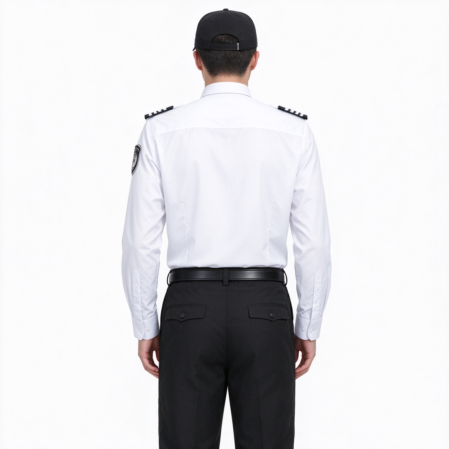 A professional men’s security uniform, this white short sleeve set includes a stand collar shirt, black tie, black belt, epaulets, chest badges, arm patch, black security cap and matching black work trousers. The clean white color with black accessories creates a formal and authoritative look, suitable for security officers, airport security, hotel security, office security, mall security, event security and daily patrol duties in the UAE._10