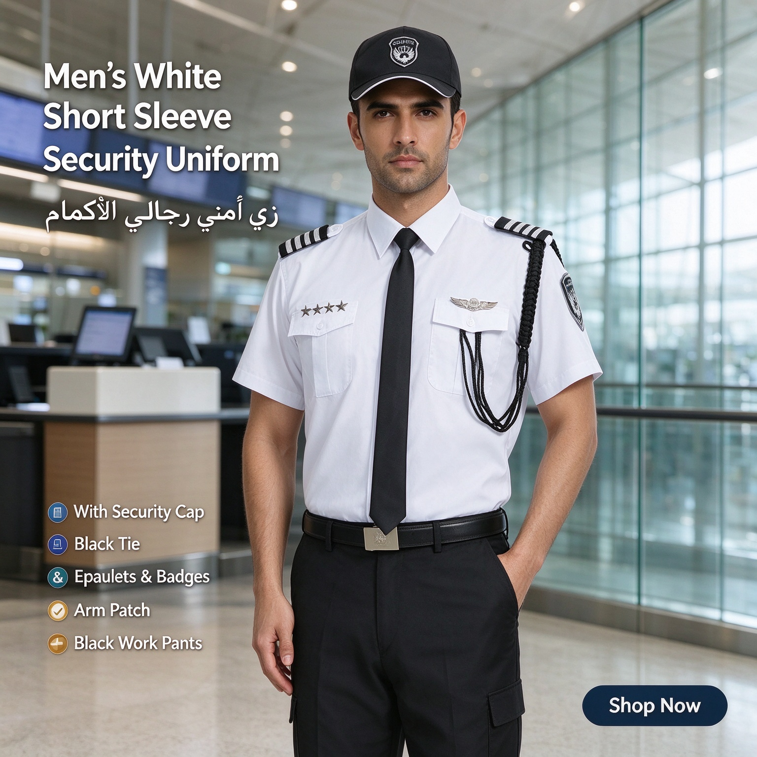 A professional men’s security uniform, this white short sleeve set includes a stand collar shirt, black tie, black belt, epaulets, chest badges, arm patch, black security cap and matching black work trousers. The clean white color with black accessories creates a formal and authoritative look, suitable for security officers, airport security, hotel security, office security, mall security, event security and daily patrol duties in the UAE._12