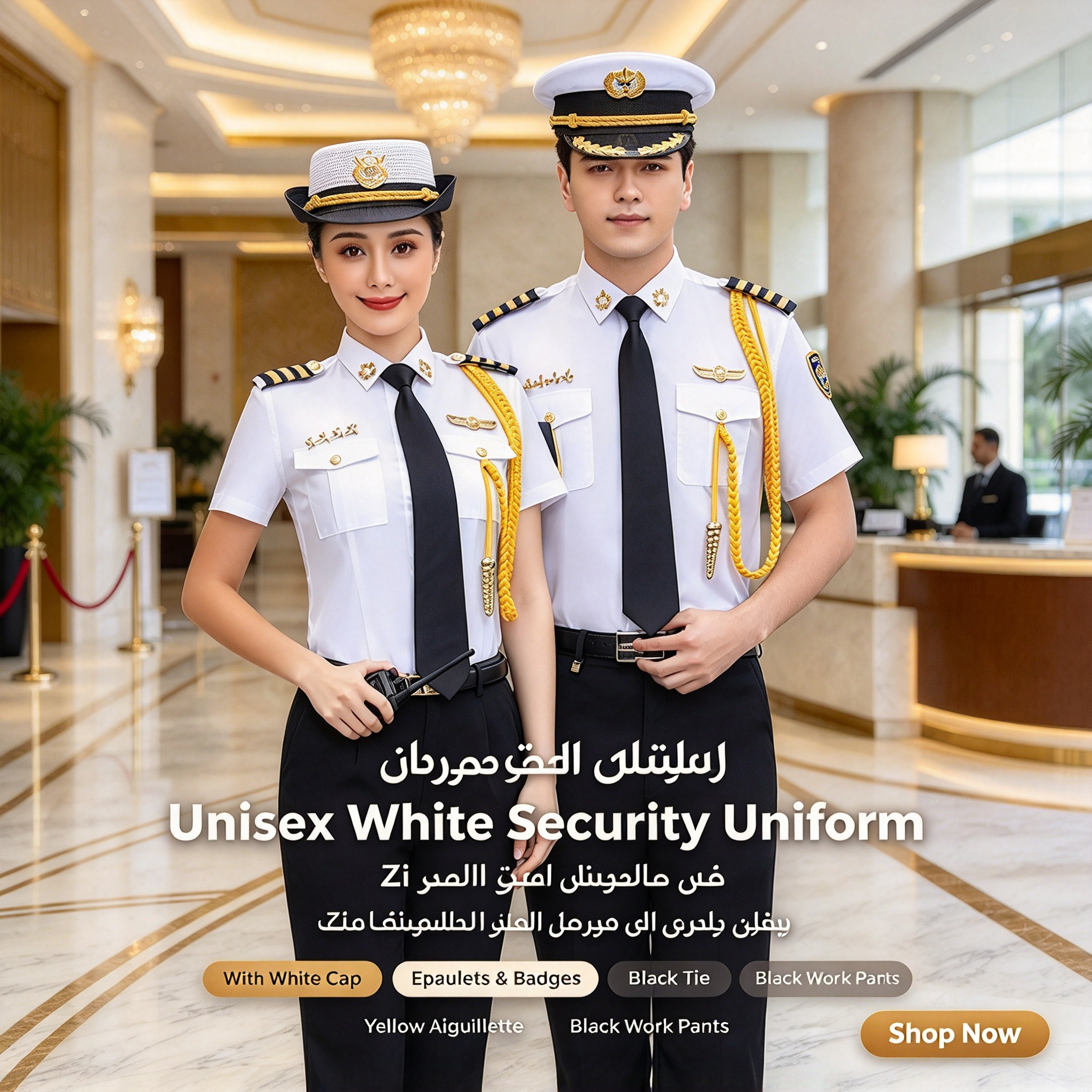 Unisex White Short Sleeve Security Uniform Set with White Security Cap, Black Tie, Epaulets, Gold Badges, Yellow Aiguillette and Black Work Pants – Professional Security Wear for UAE Hotels, Clubs, Offices, Malls and Events_11