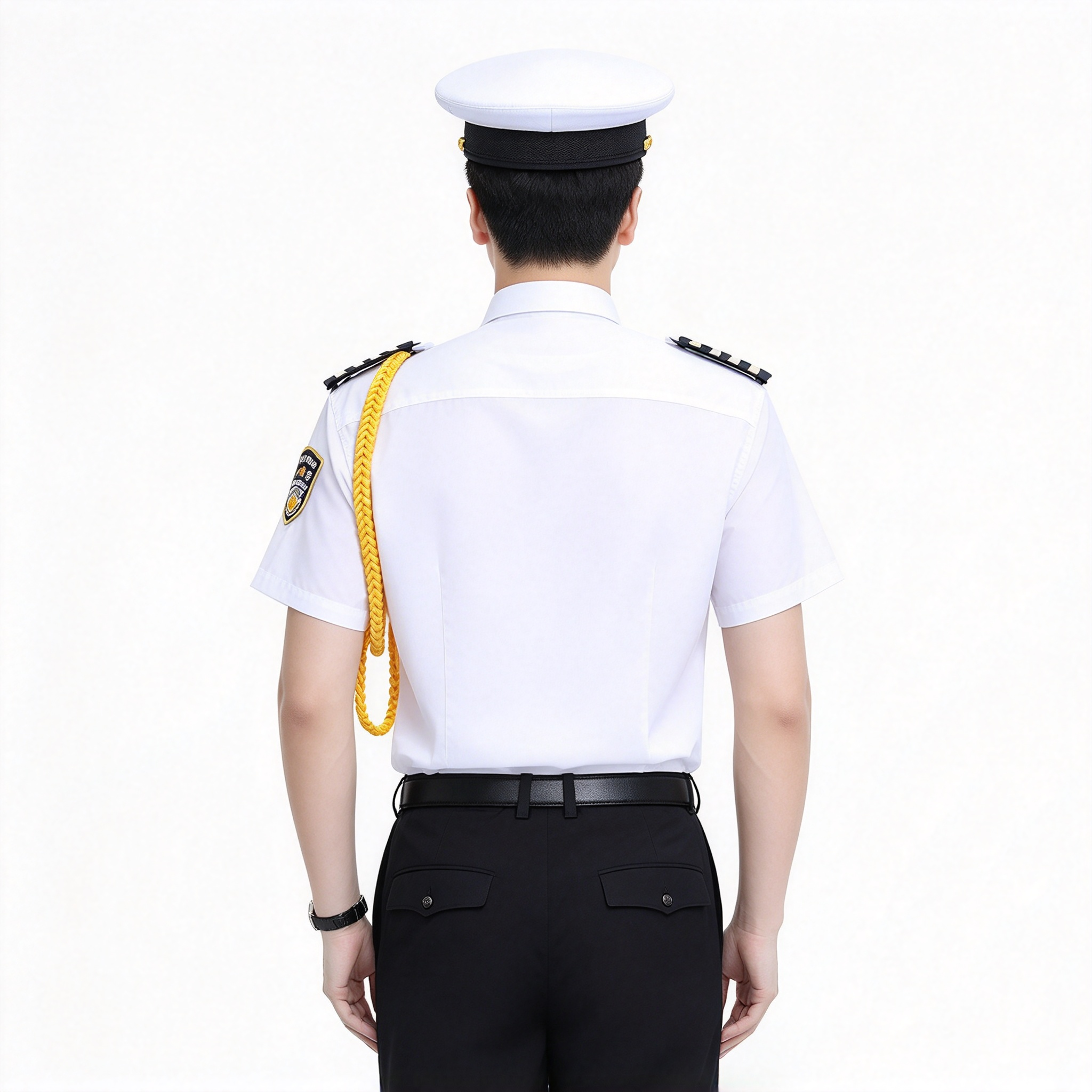 Unisex White Short Sleeve Security Uniform Set with White Security Cap, Black Tie, Epaulets, Gold Badges, Yellow Aiguillette and Black Work Pants – Professional Security Wear for UAE Hotels, Clubs, Offices, Malls and Events_14