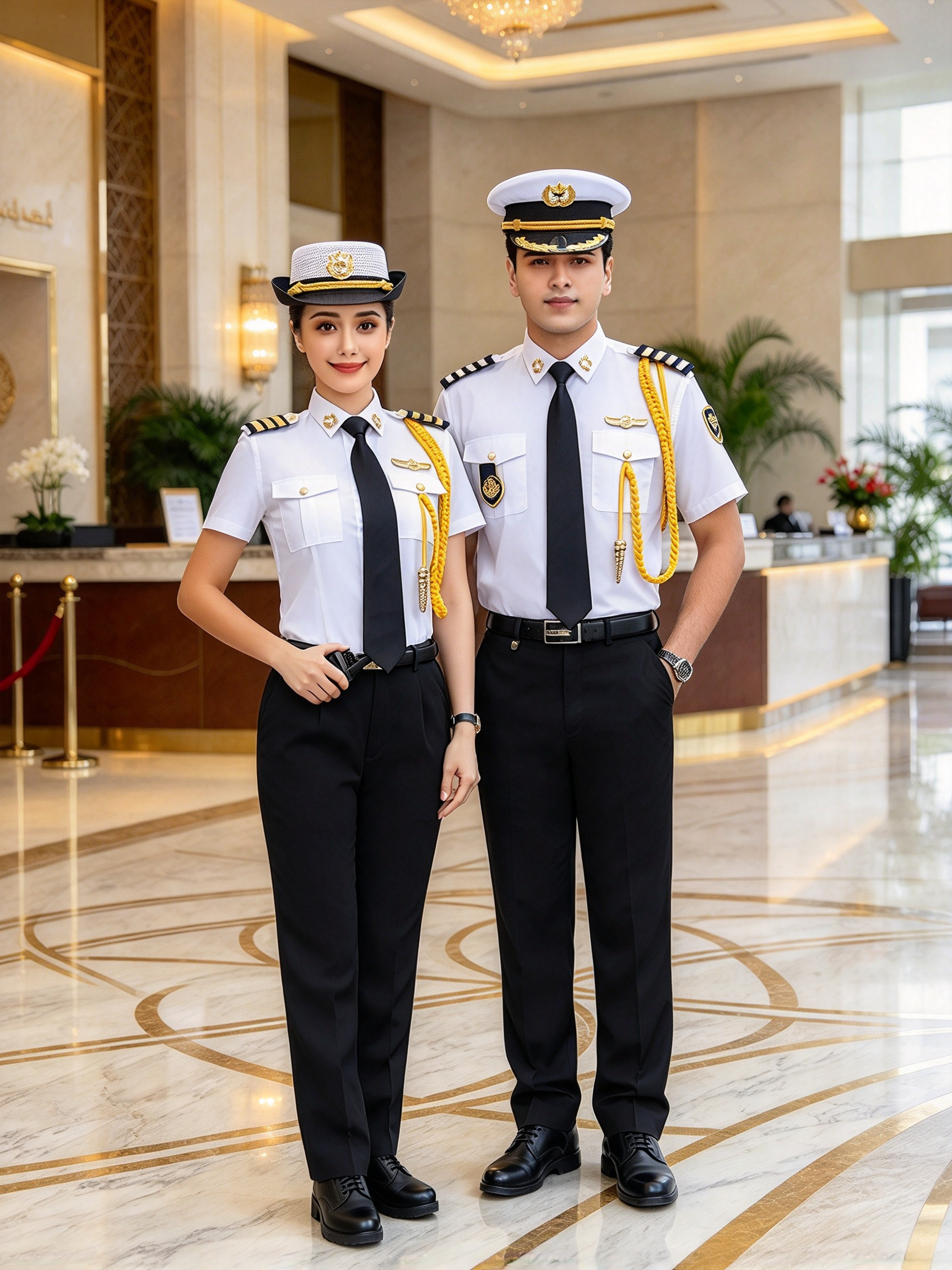 Unisex White Short Sleeve Security Uniform Set with White Security Cap, Black Tie, Epaulets, Gold Badges, Yellow Aiguillette and Black Work Pants – Professional Security Wear for UAE Hotels, Clubs, Offices, Malls and Events_12