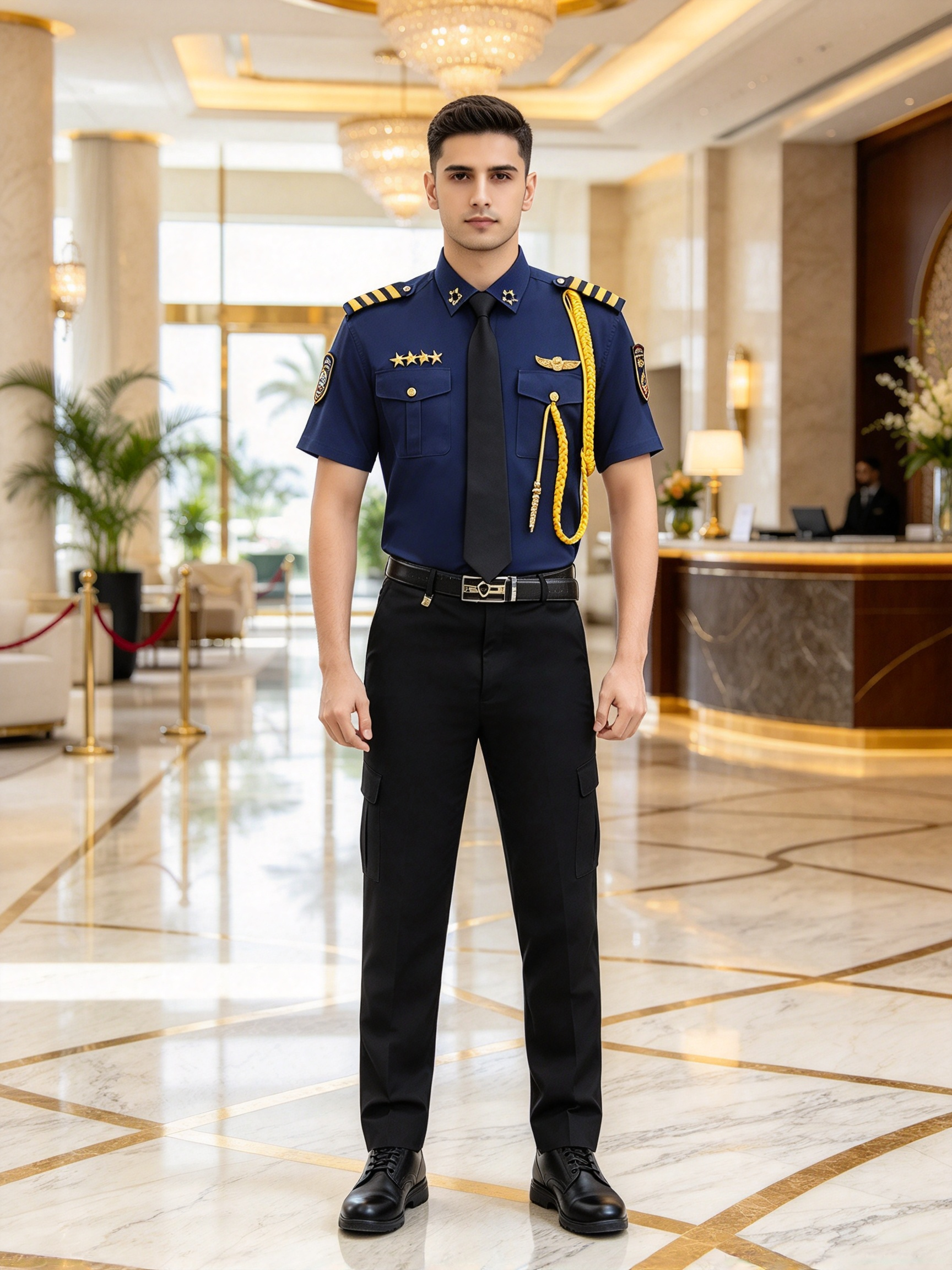 A professional unisex security uniform, this white short sleeve set includes a white security cap with gold badge and gold cord, black tie, black belt, epaulets, gold chest badges, arm patch, yellow aiguillette and matching black work trousers. The clean white color with black and gold details creates a formal, elegant and authoritative look, suitable for hotel security, club security, office security, mall security, event security and daily patrol duties in the UAE._7