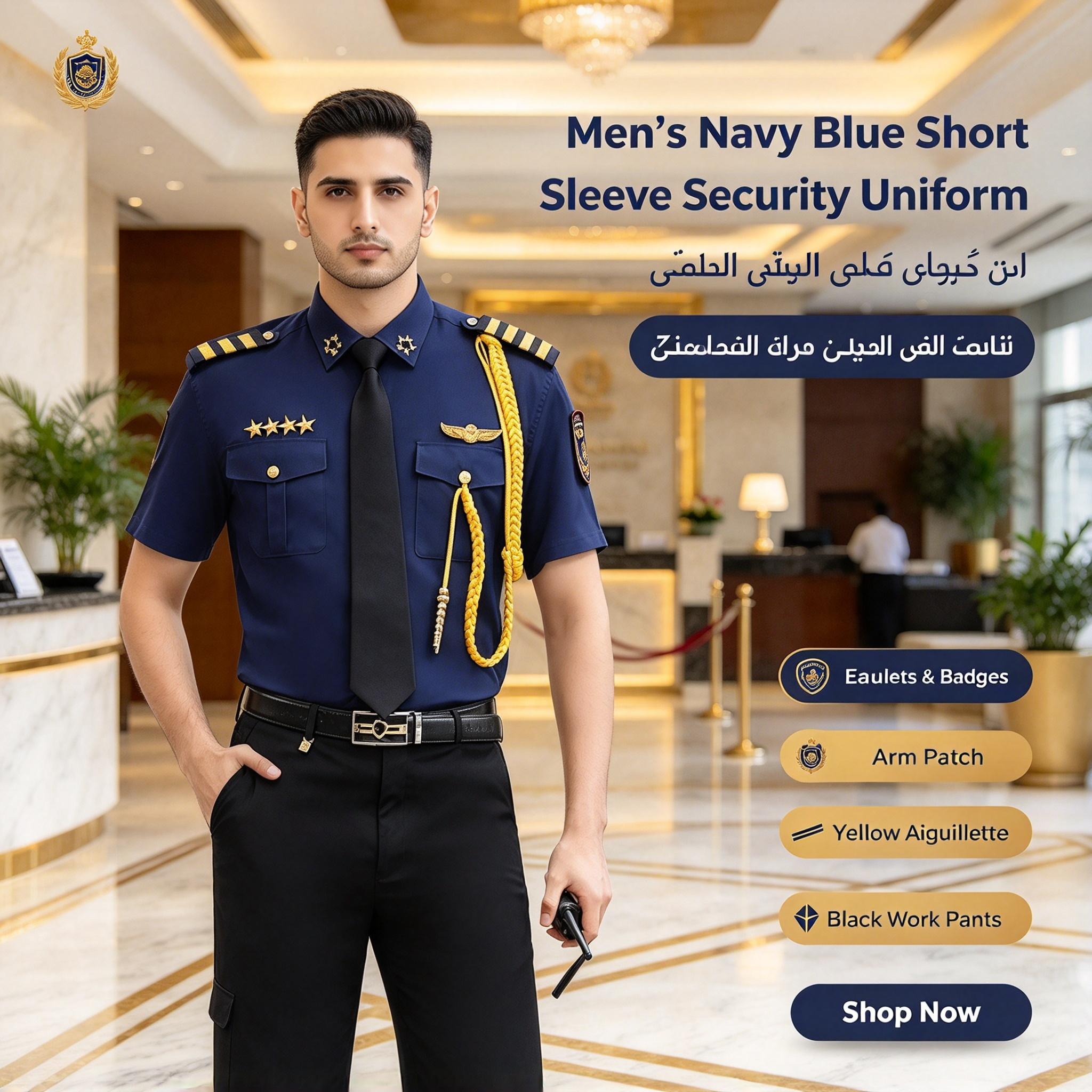 A professional unisex security uniform, this white short sleeve set includes a white security cap with gold badge and gold cord, black tie, black belt, epaulets, gold chest badges, arm patch, yellow aiguillette and matching black work trousers. The clean white color with black and gold details creates a formal, elegant and authoritative look, suitable for hotel security, club security, office security, mall security, event security and daily patrol duties in the UAE._6