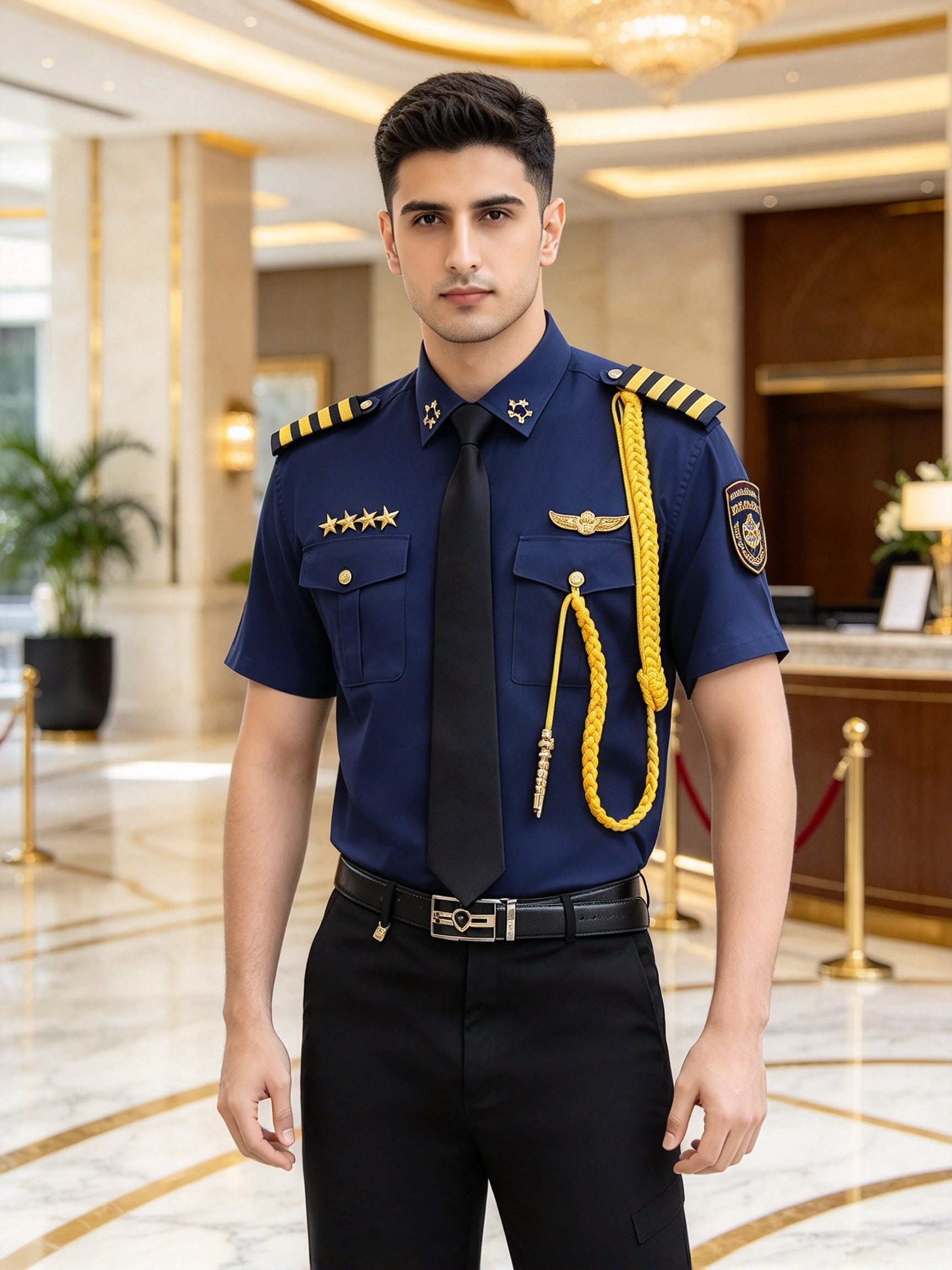 A professional unisex security uniform, this white short sleeve set includes a white security cap with gold badge and gold cord, black tie, black belt, epaulets, gold chest badges, arm patch, yellow aiguillette and matching black work trousers. The clean white color with black and gold details creates a formal, elegant and authoritative look, suitable for hotel security, club security, office security, mall security, event security and daily patrol duties in the UAE._8