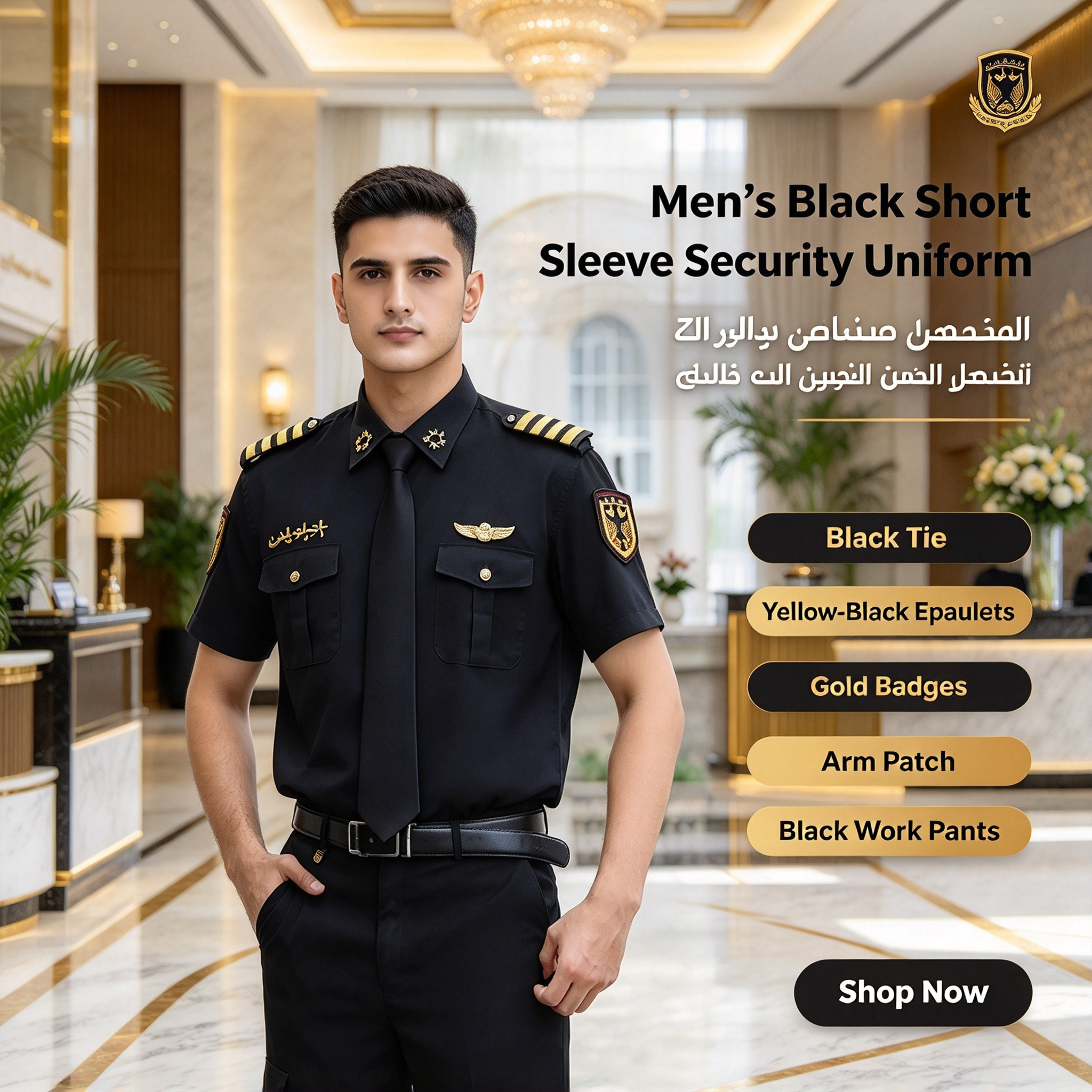 A professional unisex security uniform, this white short sleeve set includes a white security cap with gold badge and gold cord, black tie, black belt, epaulets, gold chest badges, arm patch, yellow aiguillette and matching black work trousers. The clean white color with black and gold details creates a formal, elegant and authoritative look, suitable for hotel security, club security, office security, mall security, event security and daily patrol duties in the UAE._2