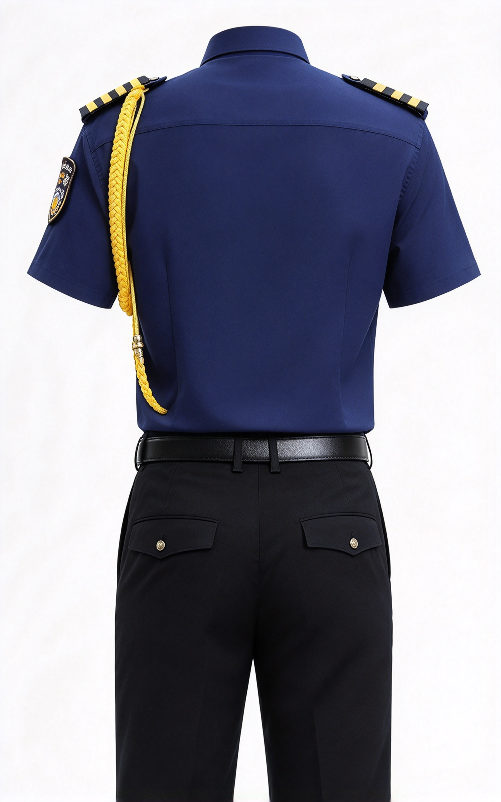 A professional unisex security uniform, this white short sleeve set includes a white security cap with gold badge and gold cord, black tie, black belt, epaulets, gold chest badges, arm patch, yellow aiguillette and matching black work trousers. The clean white color with black and gold details creates a formal, elegant and authoritative look, suitable for hotel security, club security, office security, mall security, event security and daily patrol duties in the UAE._10