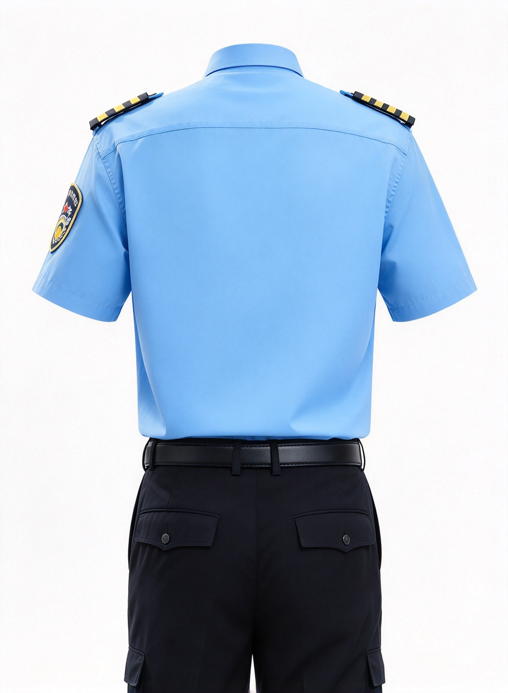 A professional unisex security uniform, this white short sleeve set includes a white security cap with gold badge and gold cord, black tie, black belt, epaulets, gold chest badges, arm patch, yellow aiguillette and matching black work trousers. The clean white color with black and gold details creates a formal, elegant and authoritative look, suitable for hotel security, club security, office security, mall security, event security and daily patrol duties in the UAE._9