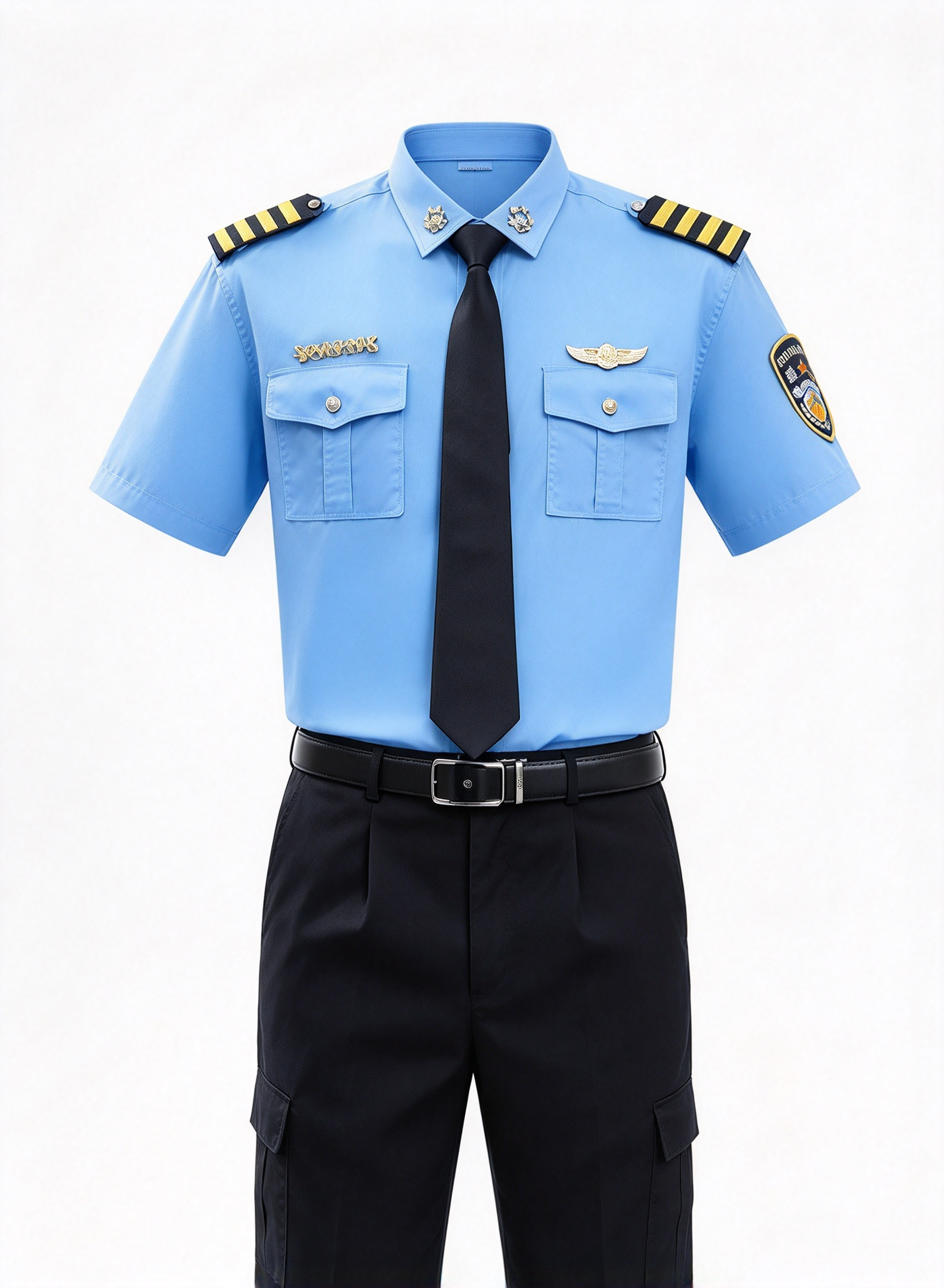 A professional unisex security uniform, this white short sleeve set includes a white security cap with gold badge and gold cord, black tie, black belt, epaulets, gold chest badges, arm patch, yellow aiguillette and matching black work trousers. The clean white color with black and gold details creates a formal, elegant and authoritative look, suitable for hotel security, club security, office security, mall security, event security and daily patrol duties in the UAE._6
