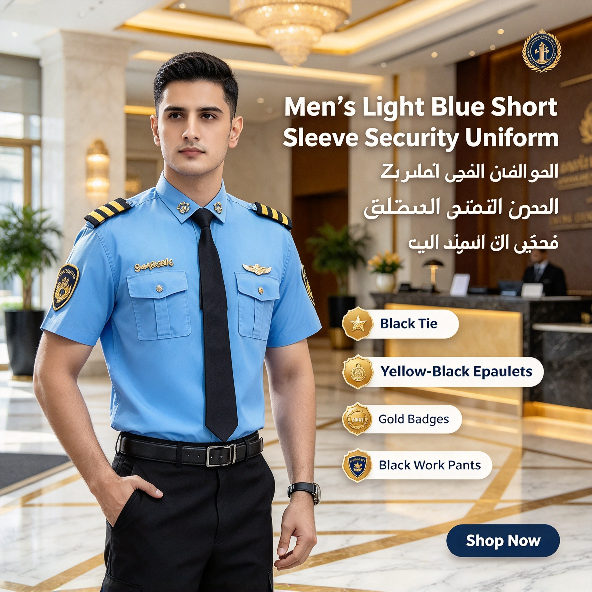 A professional unisex security uniform, this white short sleeve set includes a white security cap with gold badge and gold cord, black tie, black belt, epaulets, gold chest badges, arm patch, yellow aiguillette and matching black work trousers. The clean white color with black and gold details creates a formal, elegant and authoritative look, suitable for hotel security, club security, office security, mall security, event security and daily patrol duties in the UAE._5