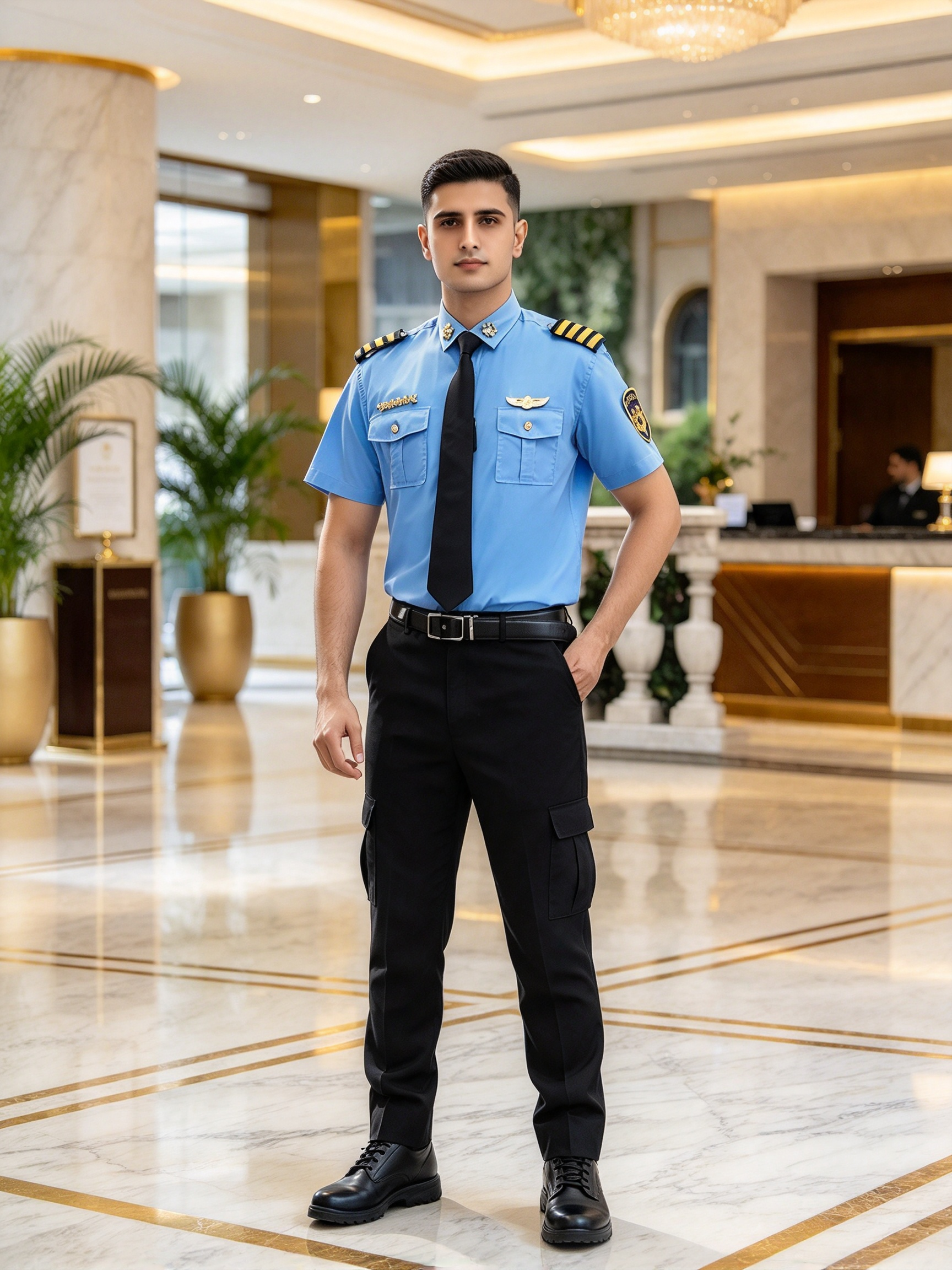 A professional unisex security uniform, this white short sleeve set includes a white security cap with gold badge and gold cord, black tie, black belt, epaulets, gold chest badges, arm patch, yellow aiguillette and matching black work trousers. The clean white color with black and gold details creates a formal, elegant and authoritative look, suitable for hotel security, club security, office security, mall security, event security and daily patrol duties in the UAE._7