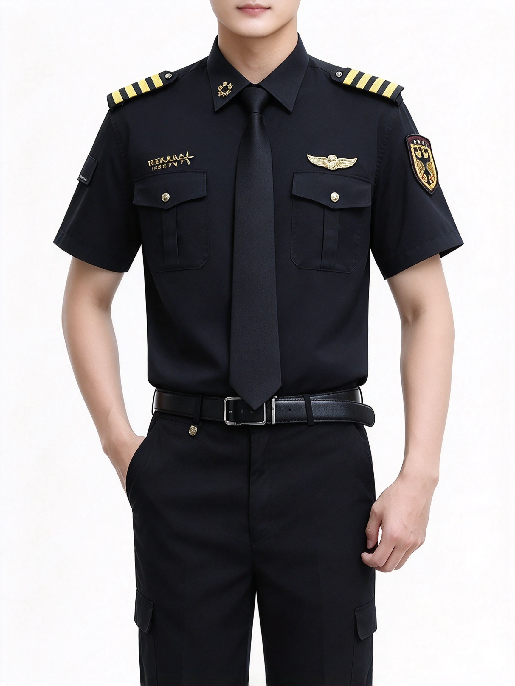 A professional unisex security uniform, this white short sleeve set includes a white security cap with gold badge and gold cord, black tie, black belt, epaulets, gold chest badges, arm patch, yellow aiguillette and matching black work trousers. The clean white color with black and gold details creates a formal, elegant and authoritative look, suitable for hotel security, club security, office security, mall security, event security and daily patrol duties in the UAE._11