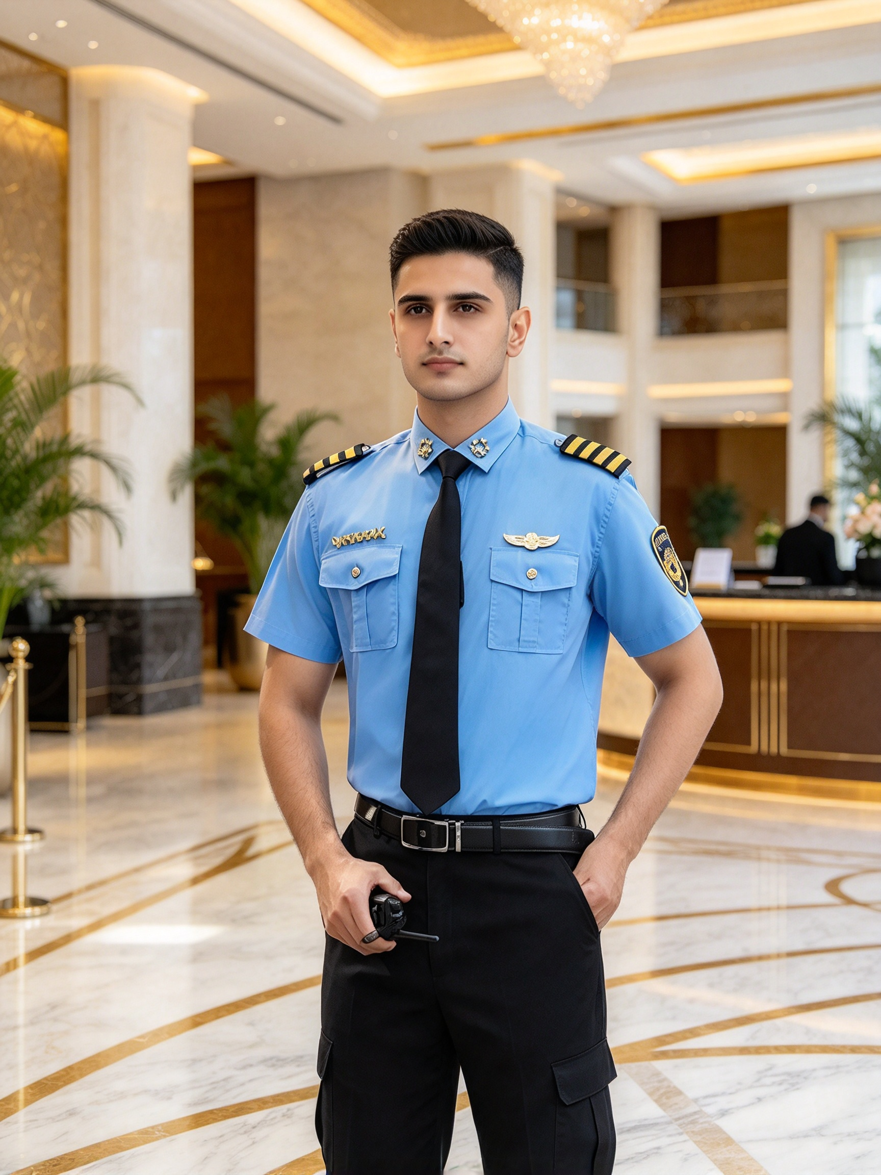 A professional unisex security uniform, this white short sleeve set includes a white security cap with gold badge and gold cord, black tie, black belt, epaulets, gold chest badges, arm patch, yellow aiguillette and matching black work trousers. The clean white color with black and gold details creates a formal, elegant and authoritative look, suitable for hotel security, club security, office security, mall security, event security and daily patrol duties in the UAE._8
