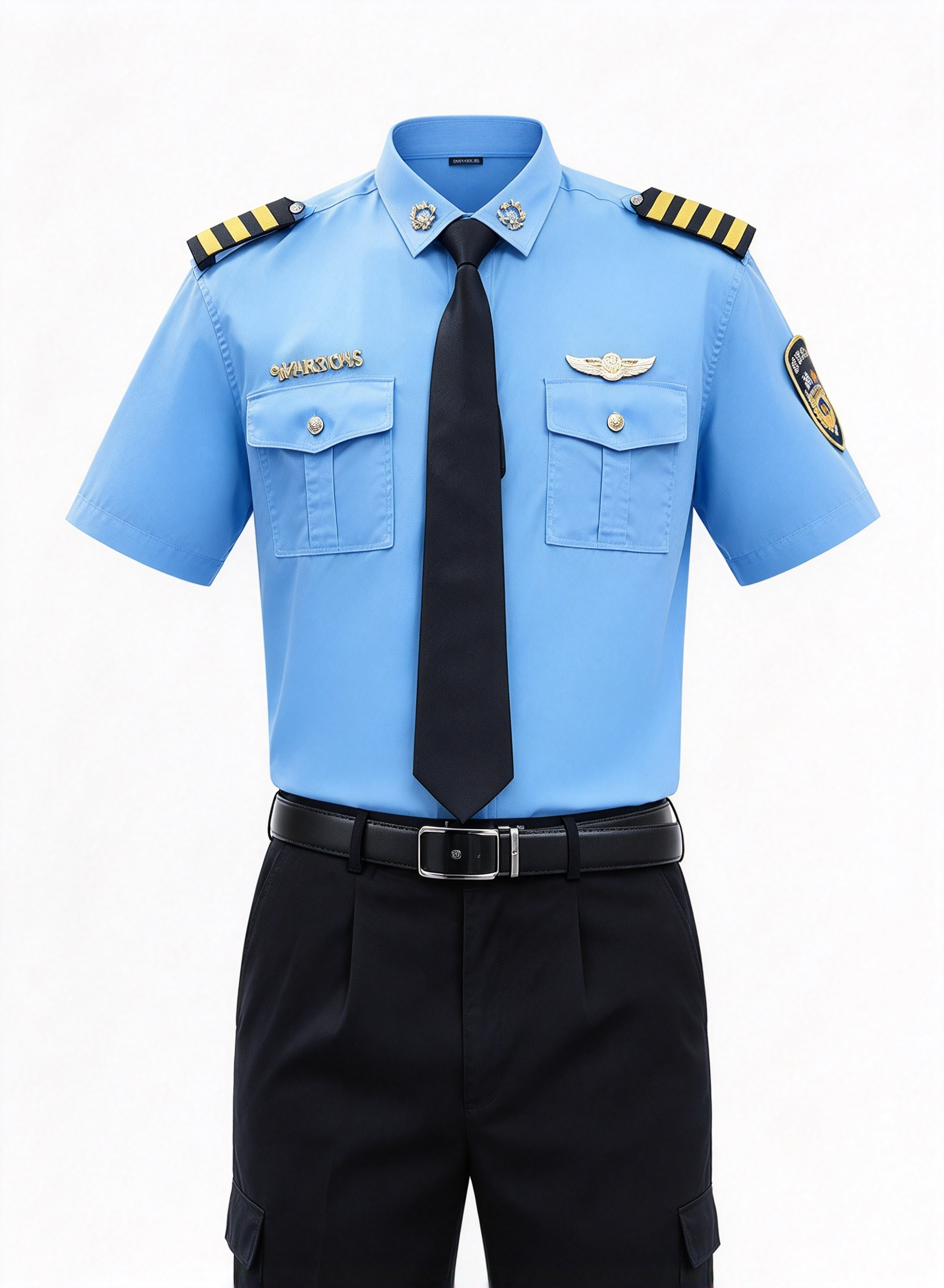 A professional unisex security uniform, this white short sleeve set includes a white security cap with gold badge and gold cord, black tie, black belt, epaulets, gold chest badges, arm patch, yellow aiguillette and matching black work trousers. The clean white color with black and gold details creates a formal, elegant and authoritative look, suitable for hotel security, club security, office security, mall security, event security and daily patrol duties in the UAE._2