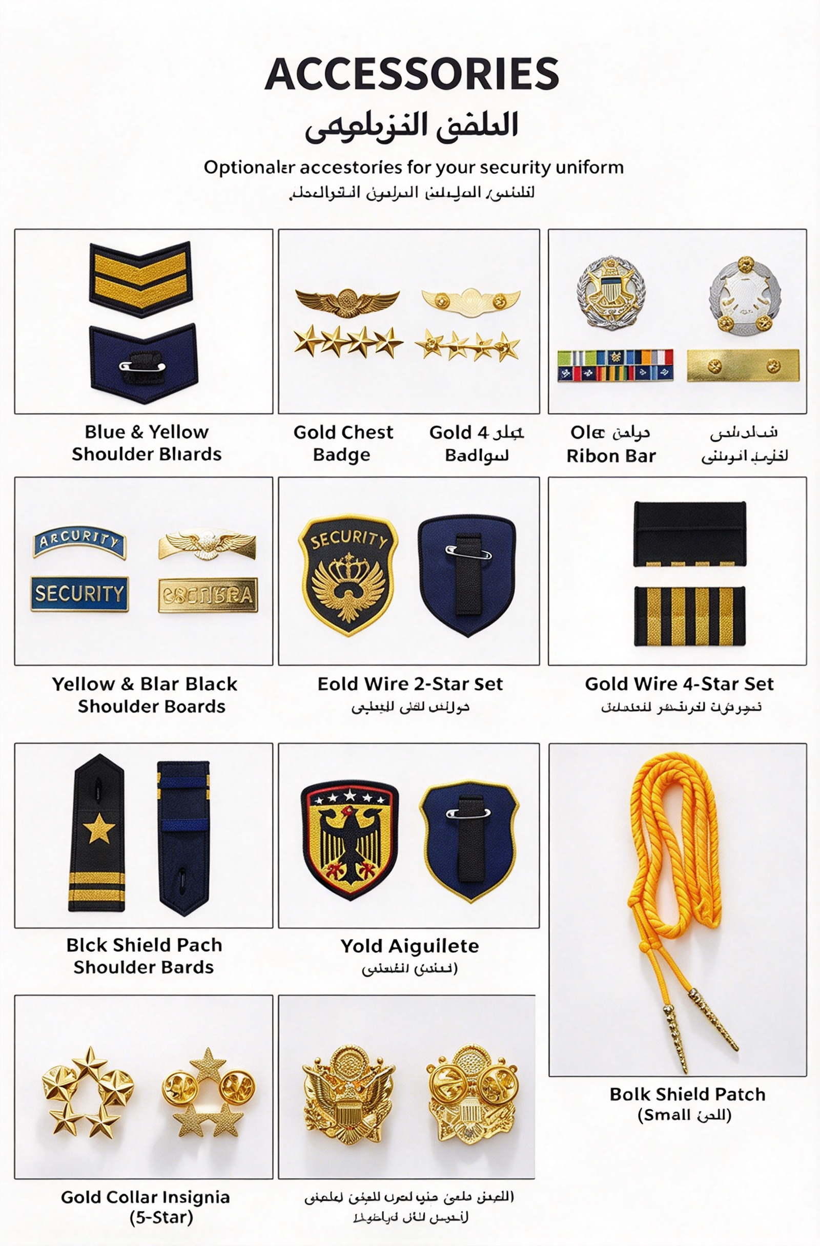 A professional unisex security uniform, this white short sleeve set includes a white security cap with gold badge and gold cord, black tie, black belt, epaulets, gold chest badges, arm patch, yellow aiguillette and matching black work trousers. The clean white color with black and gold details creates a formal, elegant and authoritative look, suitable for hotel security, club security, office security, mall security, event security and daily patrol duties in the UAE._5
