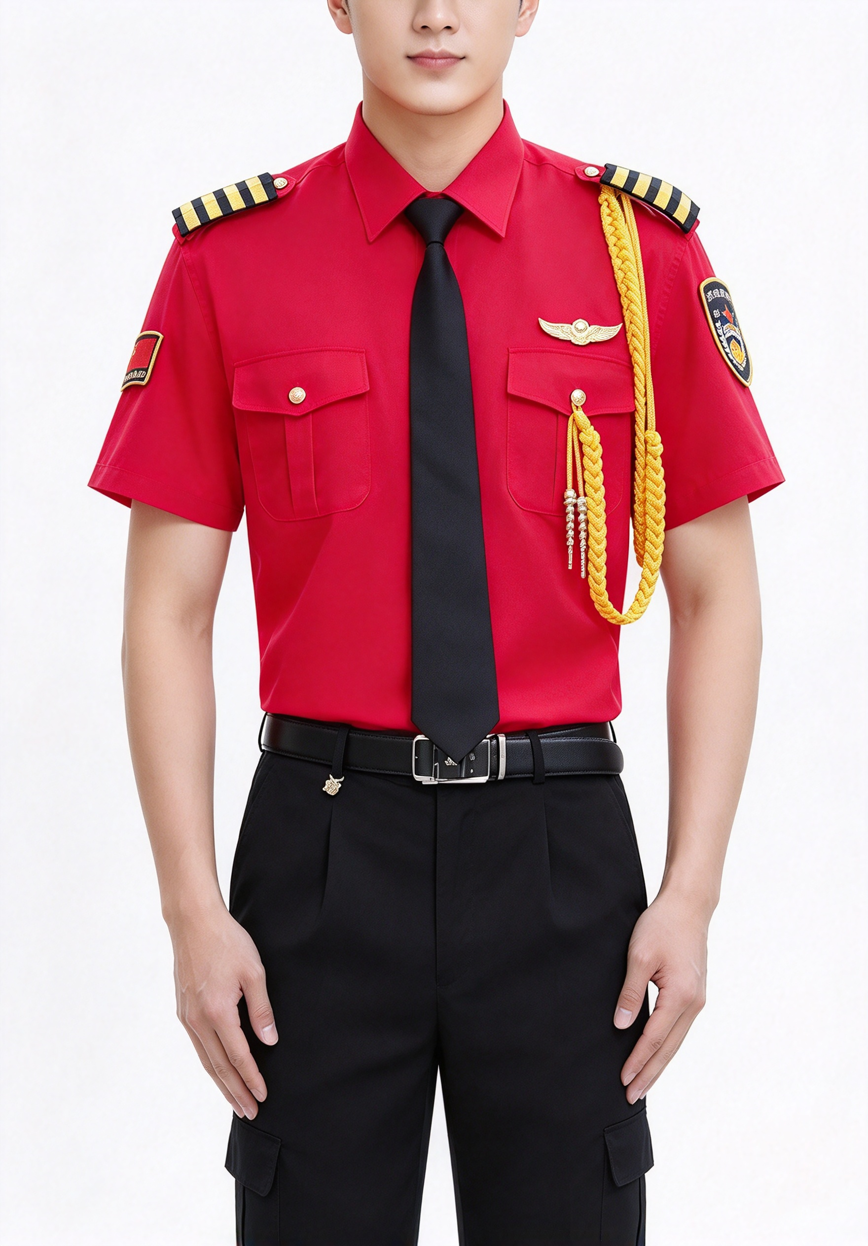A professional unisex security uniform, this white short sleeve set includes a white security cap with gold badge and gold cord, black tie, black belt, epaulets, gold chest badges, arm patch, yellow aiguillette and matching black work trousers. The clean white color with black and gold details creates a formal, elegant and authoritative look, suitable for hotel security, club security, office security, mall security, event security and daily patrol duties in the UAE._2