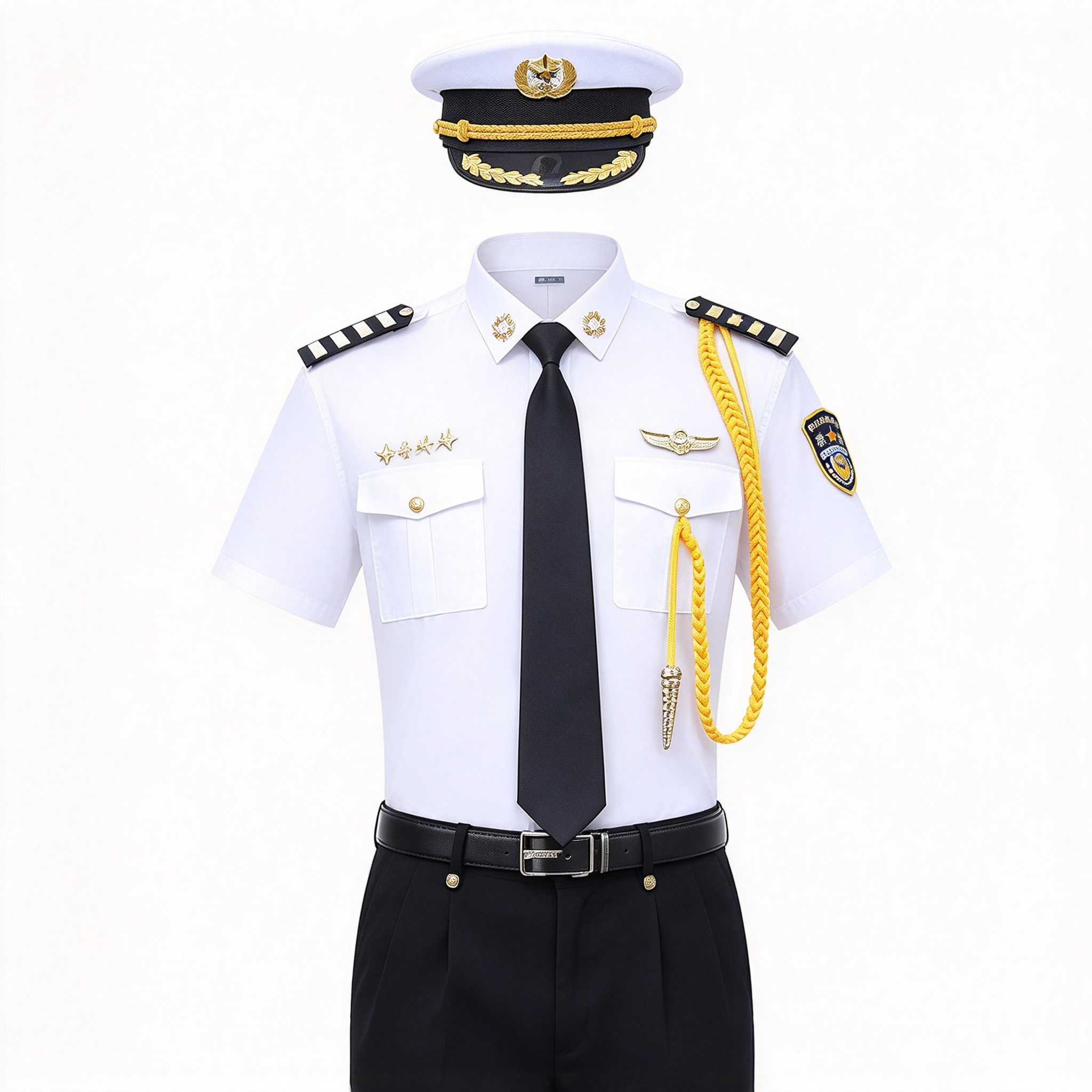 A professional unisex security uniform, this white short sleeve set includes a white security cap with gold badge and gold cord, black tie, black belt, epaulets, gold chest badges, arm patch, yellow aiguillette and matching black work trousers. The clean white color with black and gold details creates a formal, elegant and authoritative look, suitable for hotel security, club security, office security, mall security, event security and daily patrol duties in the UAE._3
