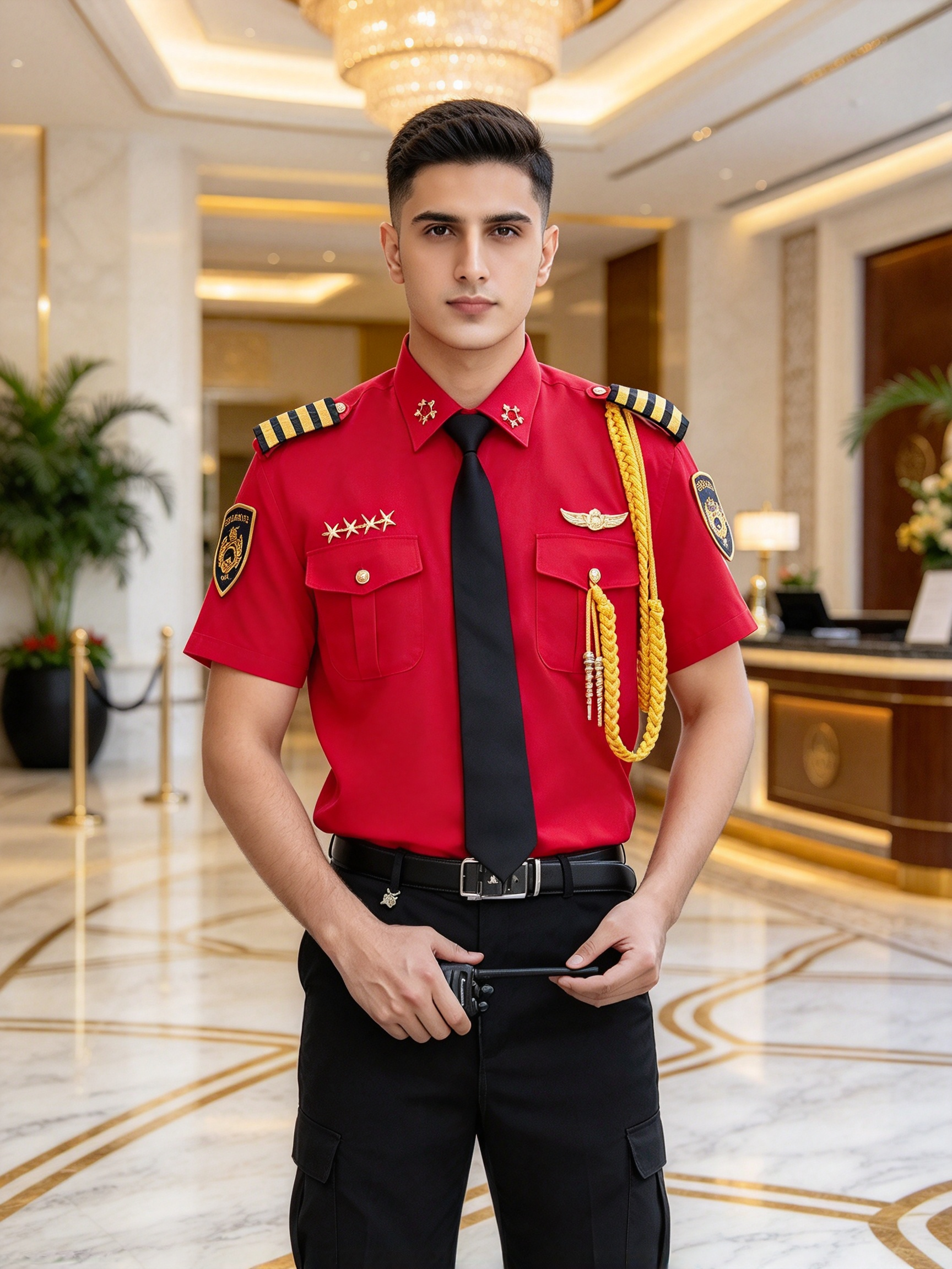 A professional unisex security uniform, this white short sleeve set includes a white security cap with gold badge and gold cord, black tie, black belt, epaulets, gold chest badges, arm patch, yellow aiguillette and matching black work trousers. The clean white color with black and gold details creates a formal, elegant and authoritative look, suitable for hotel security, club security, office security, mall security, event security and daily patrol duties in the UAE._12