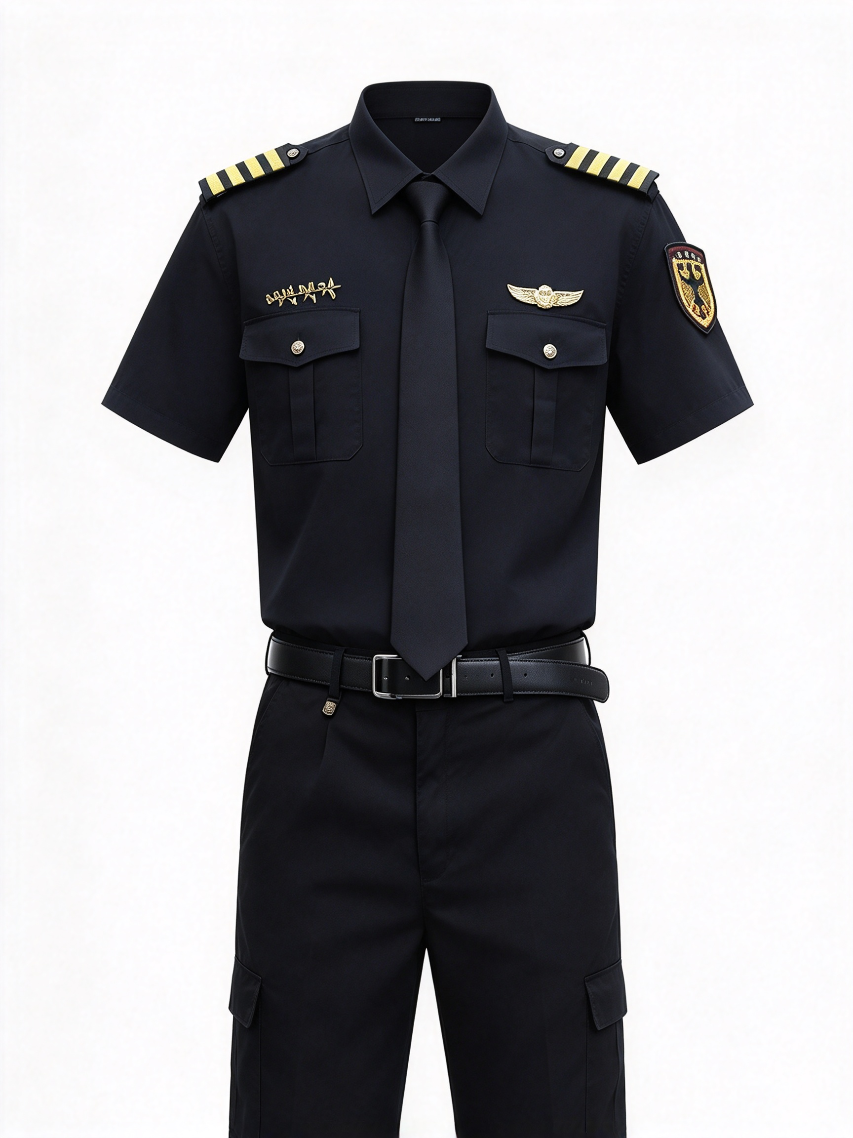 A professional unisex security uniform, this white short sleeve set includes a white security cap with gold badge and gold cord, black tie, black belt, epaulets, gold chest badges, arm patch, yellow aiguillette and matching black work trousers. The clean white color with black and gold details creates a formal, elegant and authoritative look, suitable for hotel security, club security, office security, mall security, event security and daily patrol duties in the UAE._8