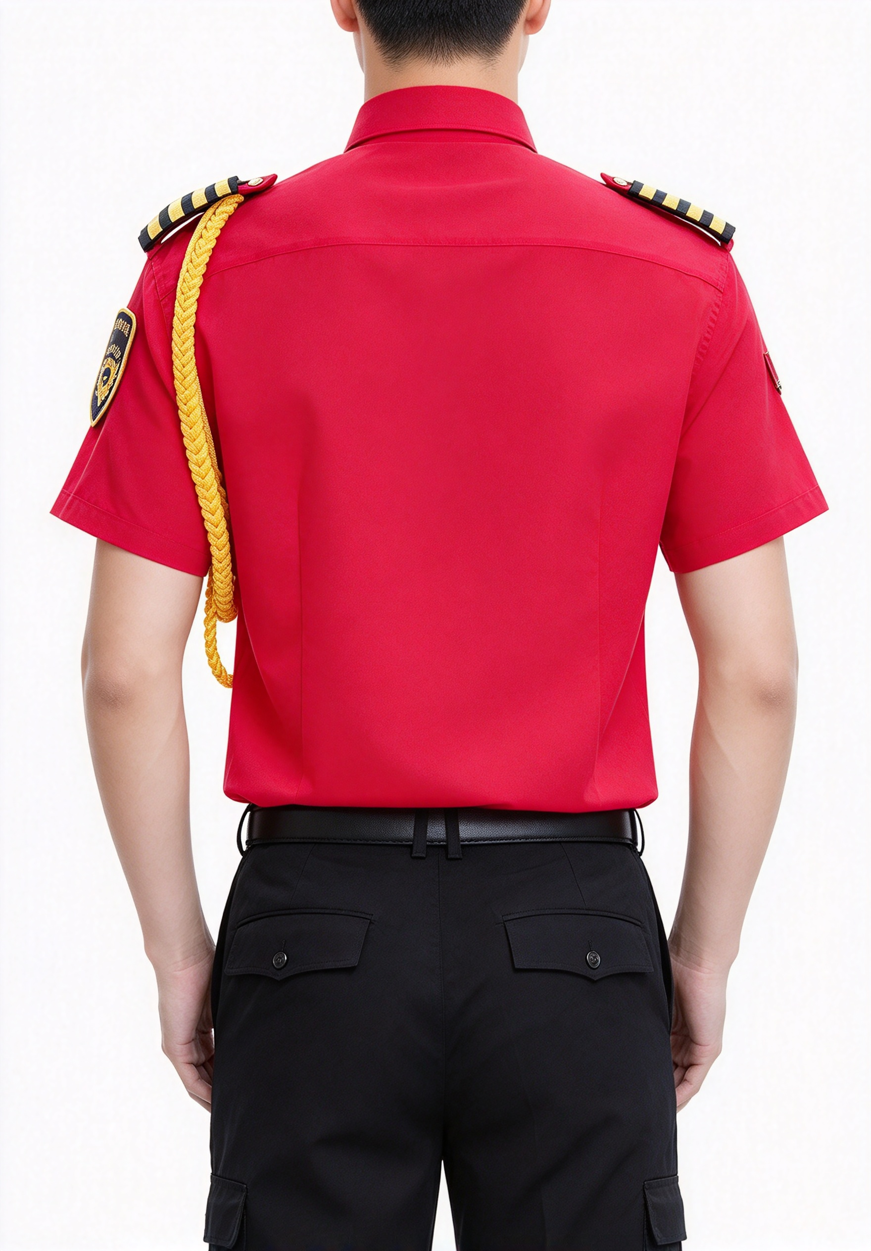 A professional unisex security uniform, this white short sleeve set includes a white security cap with gold badge and gold cord, black tie, black belt, epaulets, gold chest badges, arm patch, yellow aiguillette and matching black work trousers. The clean white color with black and gold details creates a formal, elegant and authoritative look, suitable for hotel security, club security, office security, mall security, event security and daily patrol duties in the UAE._13