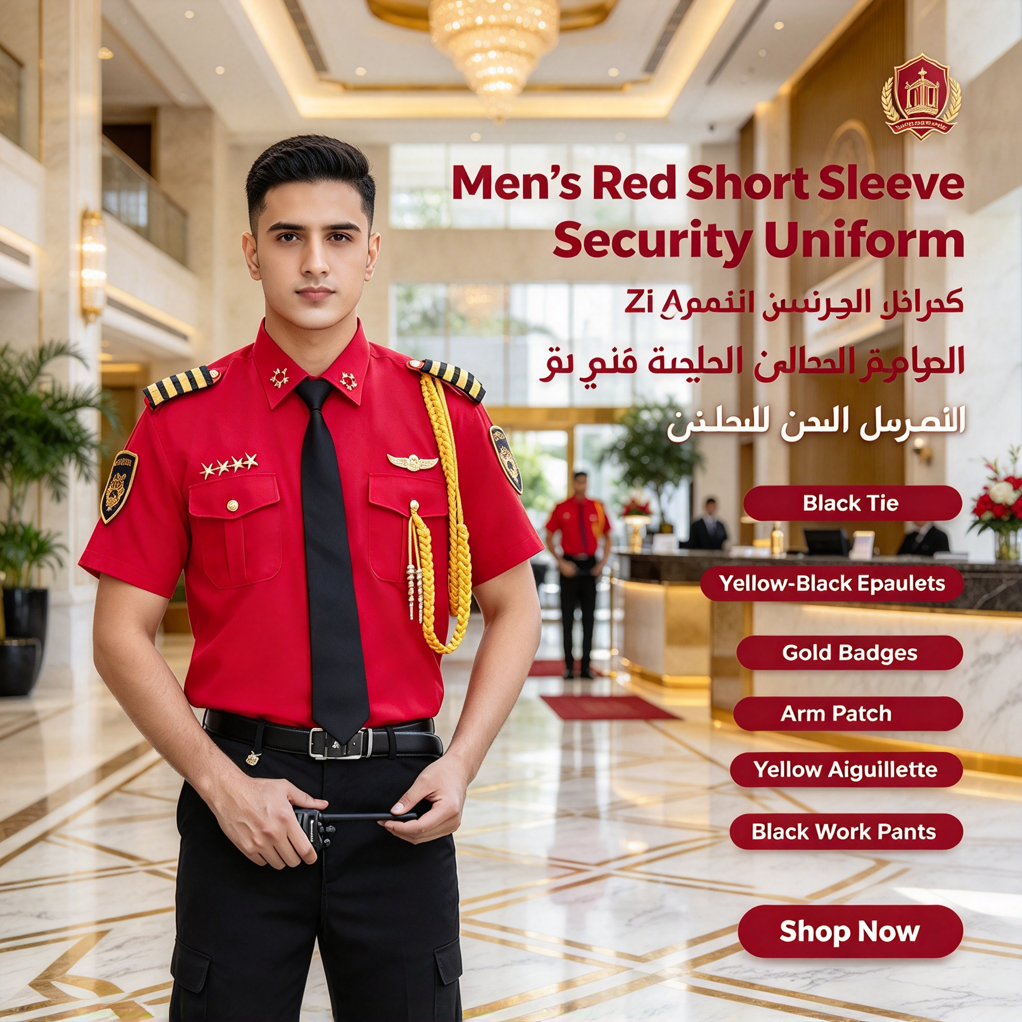 A professional unisex security uniform, this white short sleeve set includes a white security cap with gold badge and gold cord, black tie, black belt, epaulets, gold chest badges, arm patch, yellow aiguillette and matching black work trousers. The clean white color with black and gold details creates a formal, elegant and authoritative look, suitable for hotel security, club security, office security, mall security, event security and daily patrol duties in the UAE._10