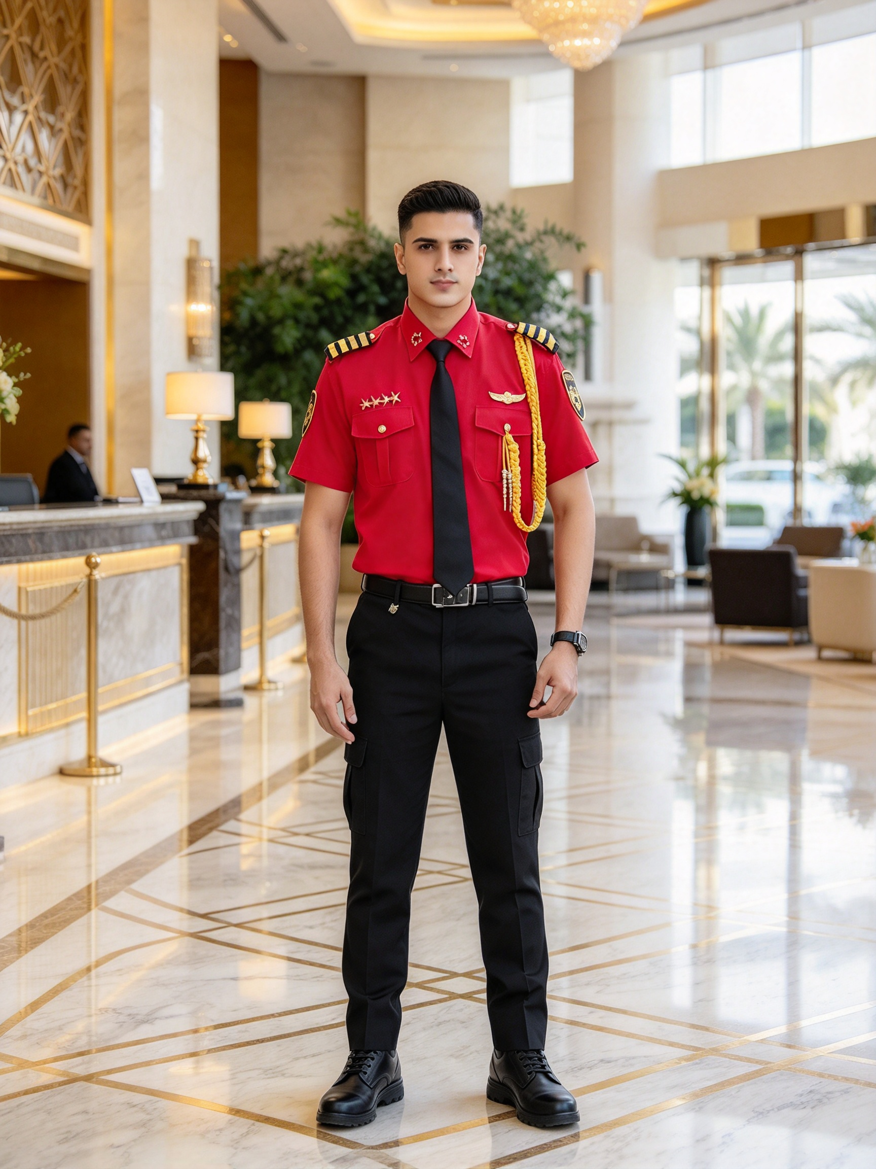 A professional unisex security uniform, this white short sleeve set includes a white security cap with gold badge and gold cord, black tie, black belt, epaulets, gold chest badges, arm patch, yellow aiguillette and matching black work trousers. The clean white color with black and gold details creates a formal, elegant and authoritative look, suitable for hotel security, club security, office security, mall security, event security and daily patrol duties in the UAE._11