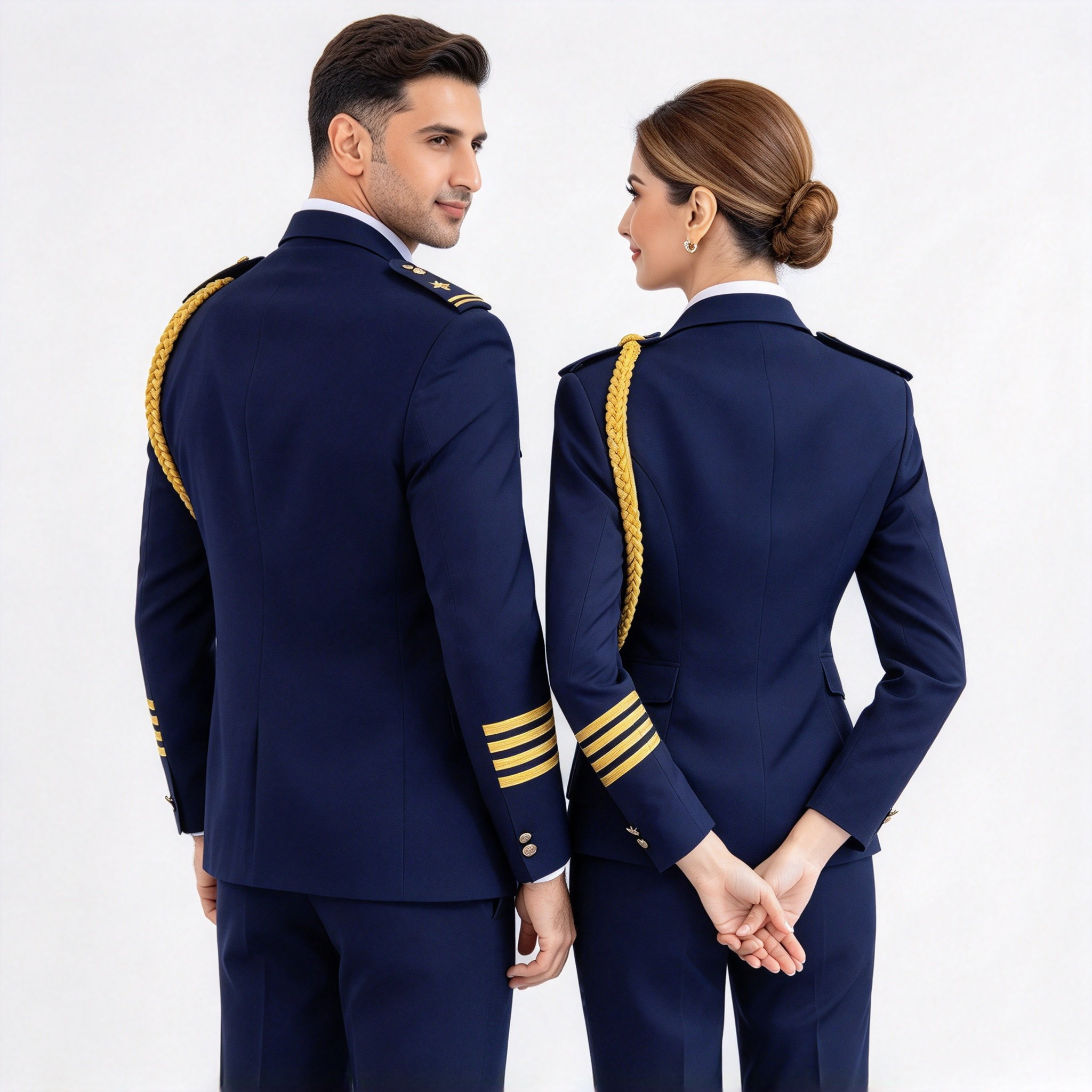 This premium navy blue hotel uniform for men and women is designed for reception, concierge, guest service, VIP reception, and front office roles. The set includes a navy tailored jacket, white formal shirt, distinctive gold buttons, gold shoulder insignia, gold decorative aiguillette or trim, gold cuff stripes, and navy trousers. The uniform offers a sharp structured silhouette, premium fabric finish, precise stitching, and comfortable wear for long working hours. The navy base with gold details creates a formal, authoritative, and luxurious hotel staff appearance. Ideal for hotels, resorts, VIP reception areas, concierge teams, and formal guest service environments._6