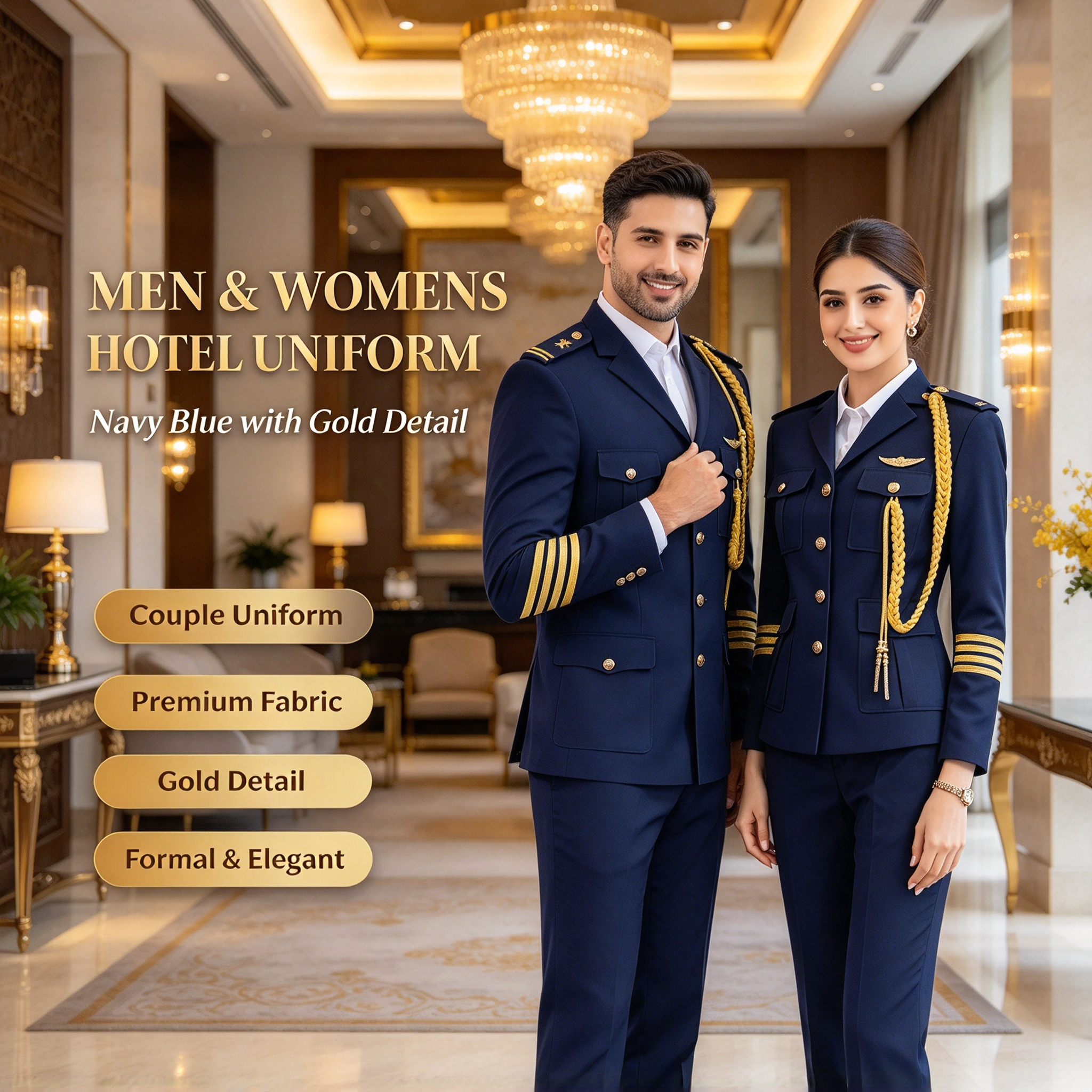 This premium navy blue hotel uniform for men and women is designed for reception, concierge, guest service, VIP reception, and front office roles. The set includes a navy tailored jacket, white formal shirt, distinctive gold buttons, gold shoulder insignia, gold decorative aiguillette or trim, gold cuff stripes, and navy trousers. The uniform offers a sharp structured silhouette, premium fabric finish, precise stitching, and comfortable wear for long working hours. The navy base with gold details creates a formal, authoritative, and luxurious hotel staff appearance. Ideal for hotels, resorts, VIP reception areas, concierge teams, and formal guest service environments._3