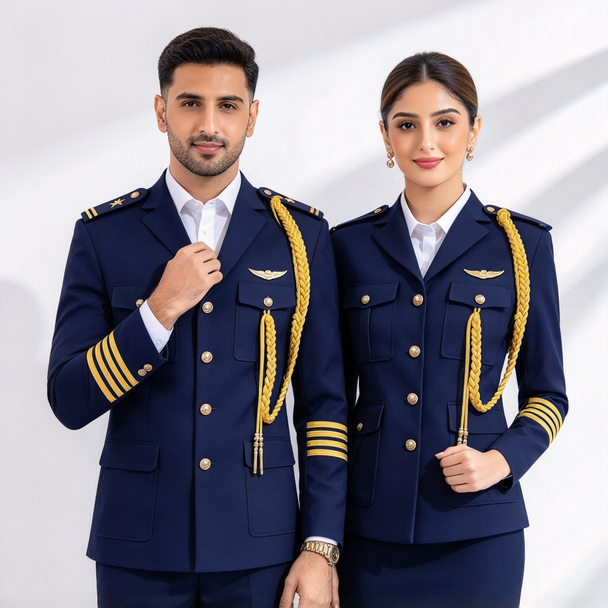 This premium navy blue hotel uniform for men and women is designed for reception, concierge, guest service, VIP reception, and front office roles. The set includes a navy tailored jacket, white formal shirt, distinctive gold buttons, gold shoulder insignia, gold decorative aiguillette or trim, gold cuff stripes, and navy trousers. The uniform offers a sharp structured silhouette, premium fabric finish, precise stitching, and comfortable wear for long working hours. The navy base with gold details creates a formal, authoritative, and luxurious hotel staff appearance. Ideal for hotels, resorts, VIP reception areas, concierge teams, and formal guest service environments._5