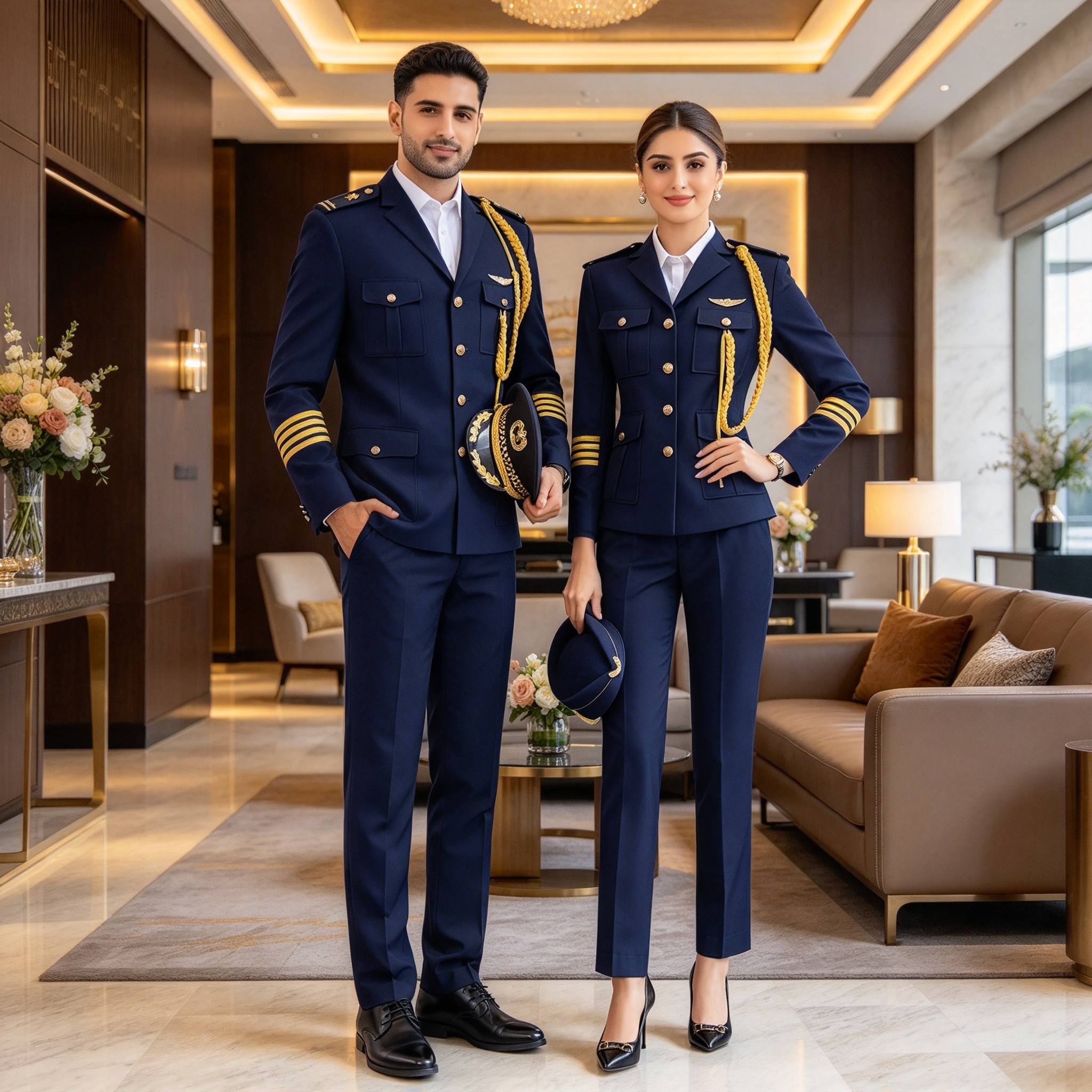 This premium navy blue hotel uniform for men and women is designed for reception, concierge, guest service, VIP reception, and front office roles. The set includes a navy tailored jacket, white formal shirt, distinctive gold buttons, gold shoulder insignia, gold decorative aiguillette or trim, gold cuff stripes, and navy trousers. The uniform offers a sharp structured silhouette, premium fabric finish, precise stitching, and comfortable wear for long working hours. The navy base with gold details creates a formal, authoritative, and luxurious hotel staff appearance. Ideal for hotels, resorts, VIP reception areas, concierge teams, and formal guest service environments._4