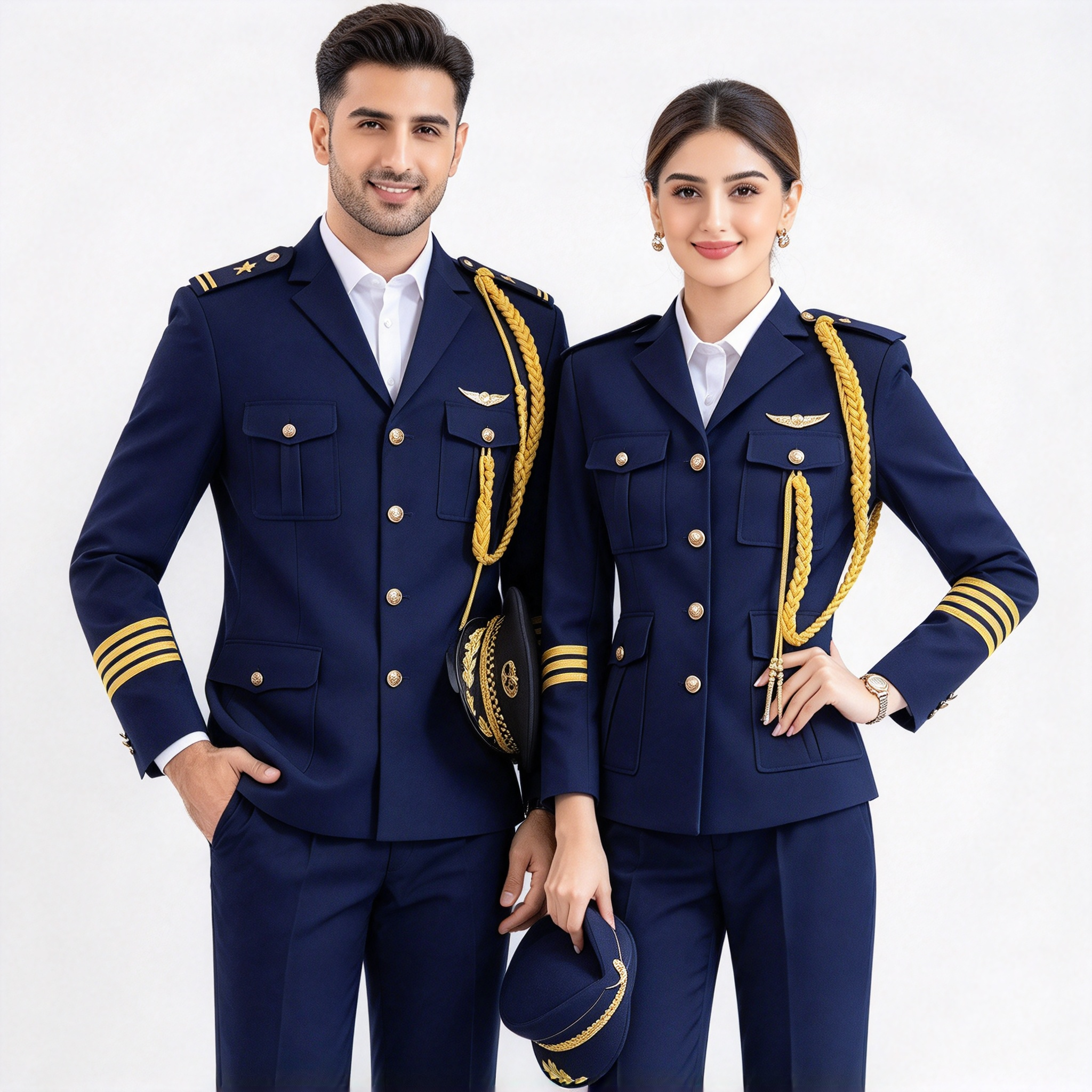 This premium navy blue hotel uniform for men and women is designed for reception, concierge, guest service, VIP reception, and front office roles. The set includes a navy tailored jacket, white formal shirt, distinctive gold buttons, gold shoulder insignia, gold decorative aiguillette or trim, gold cuff stripes, and navy trousers. The uniform offers a sharp structured silhouette, premium fabric finish, precise stitching, and comfortable wear for long working hours. The navy base with gold details creates a formal, authoritative, and luxurious hotel staff appearance. Ideal for hotels, resorts, VIP reception areas, concierge teams, and formal guest service environments._2