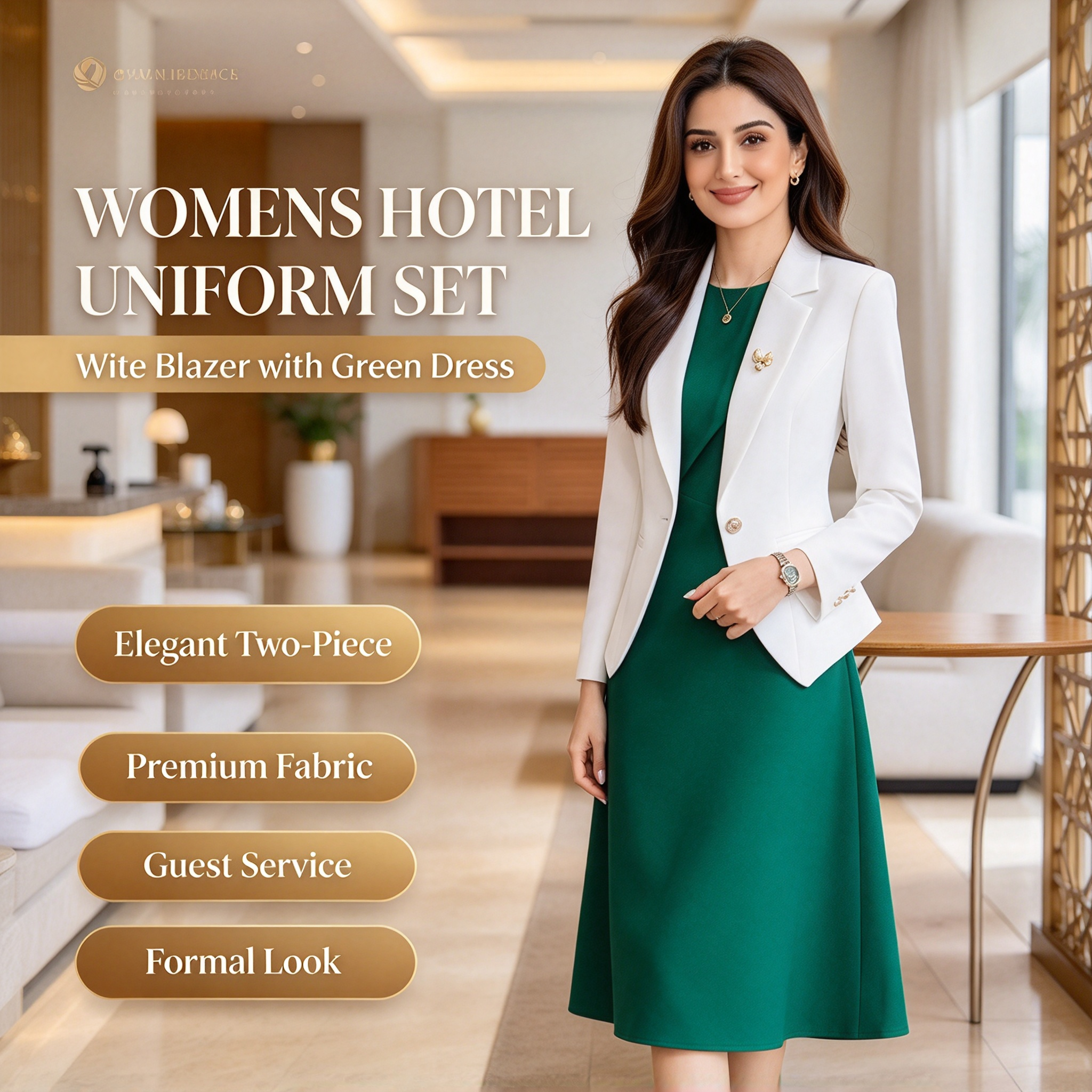 This premium navy blue hotel uniform for men and women is designed for reception, concierge, guest service, VIP reception, and front office roles. The set includes a navy tailored jacket, white formal shirt, distinctive gold buttons, gold shoulder insignia, gold decorative aiguillette or trim, gold cuff stripes, and navy trousers. The uniform offers a sharp structured silhouette, premium fabric finish, precise stitching, and comfortable wear for long working hours. The navy base with gold details creates a formal, authoritative, and luxurious hotel staff appearance. Ideal for hotels, resorts, VIP reception areas, concierge teams, and formal guest service environments._4