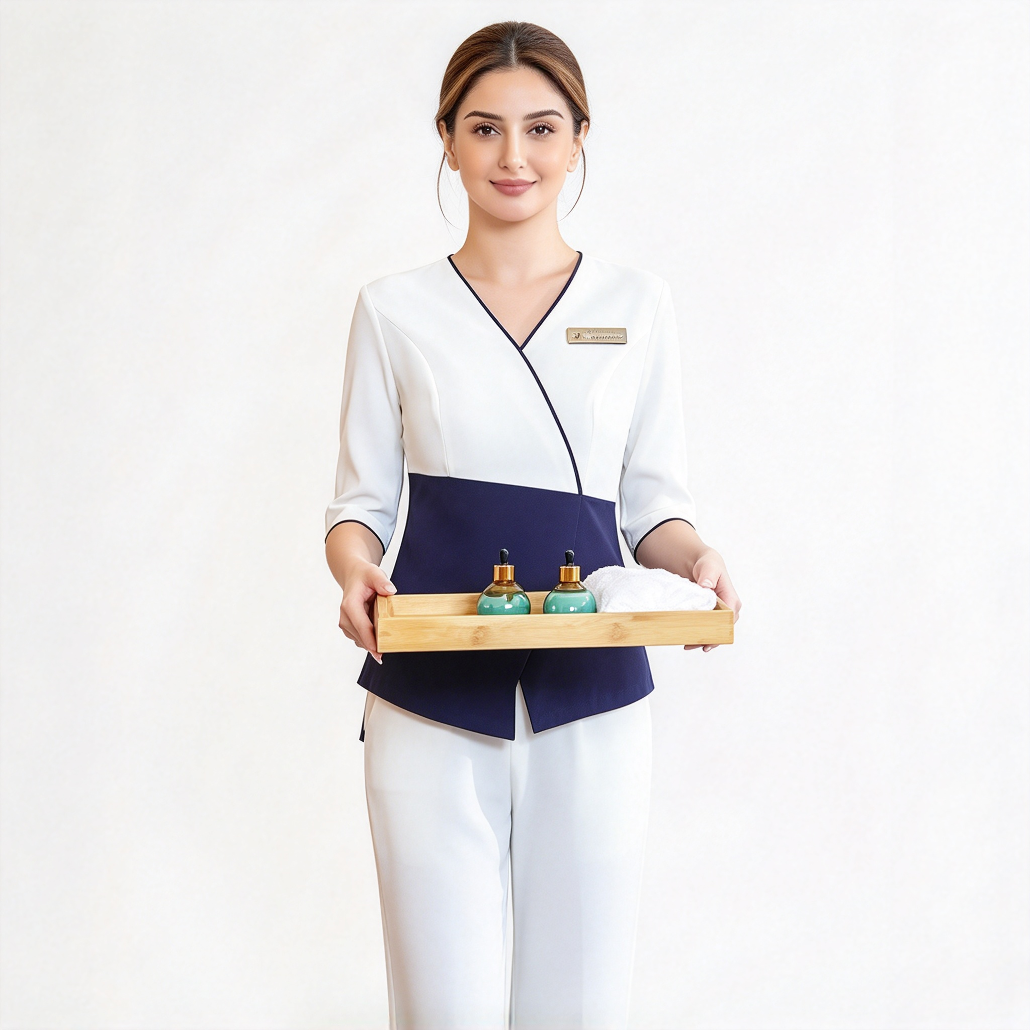 This professional two-piece hotel spa uniform for women includes a white and navy blue tunic top with black piping detail, a V-neck collar, mid-length sleeves, and comfortable white trousers. It is designed for spa therapists, beauty therapists, wellness assistants, guest service staff, and hotel wellness roles. The uniform offers a clean modern appearance, comfortable fit, premium fabric finish, and easy movement for long working hours. The white and navy blue combination creates a calm, professional, and hygienic look suitable for premium spa environments. Ideal for hotel spas, wellness centers, beauty salons, resort facilities, and premium guest service areas._3