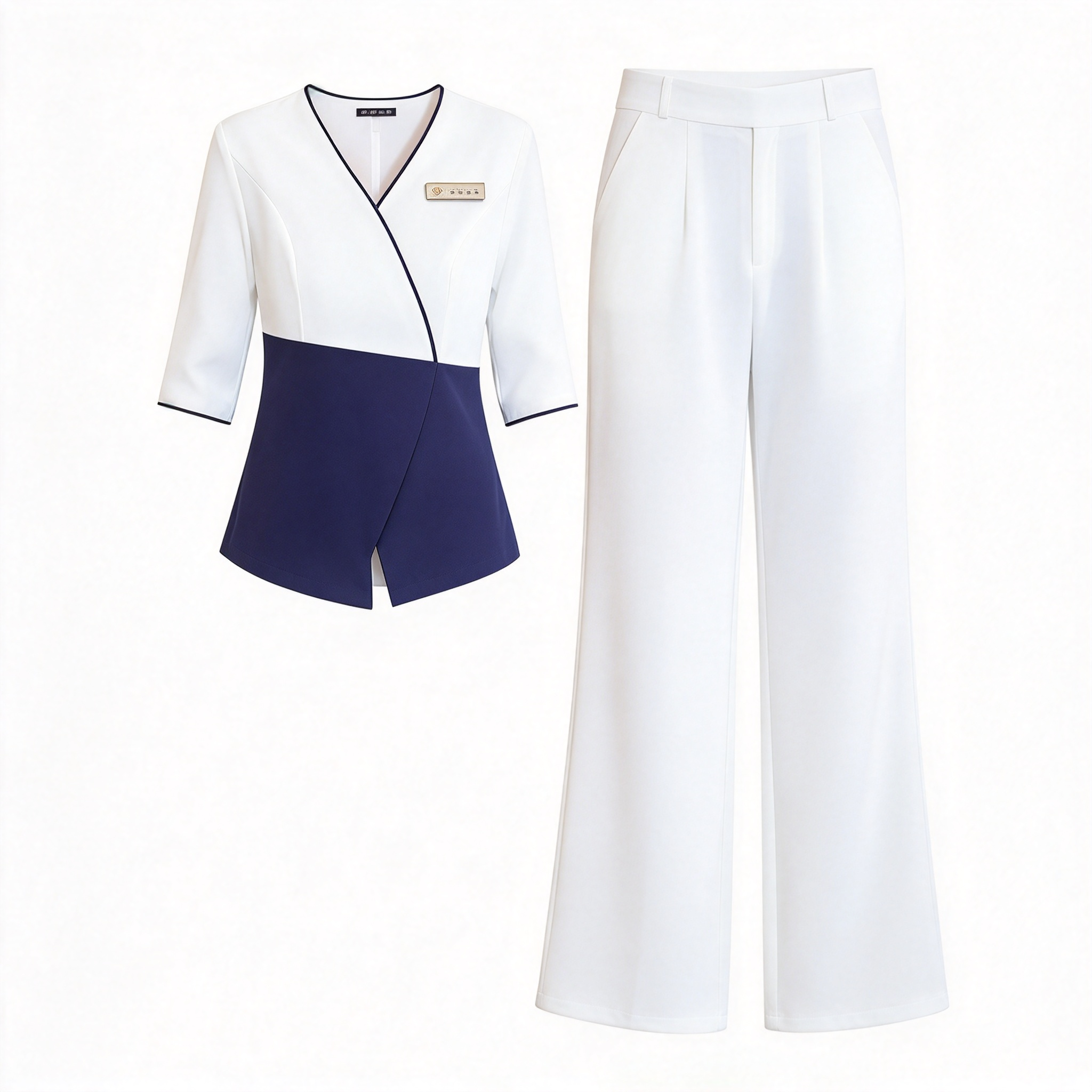 This professional two-piece hotel spa uniform for women includes a white and navy blue tunic top with black piping detail, a V-neck collar, mid-length sleeves, and comfortable white trousers. It is designed for spa therapists, beauty therapists, wellness assistants, guest service staff, and hotel wellness roles. The uniform offers a clean modern appearance, comfortable fit, premium fabric finish, and easy movement for long working hours. The white and navy blue combination creates a calm, professional, and hygienic look suitable for premium spa environments. Ideal for hotel spas, wellness centers, beauty salons, resort facilities, and premium guest service areas._4