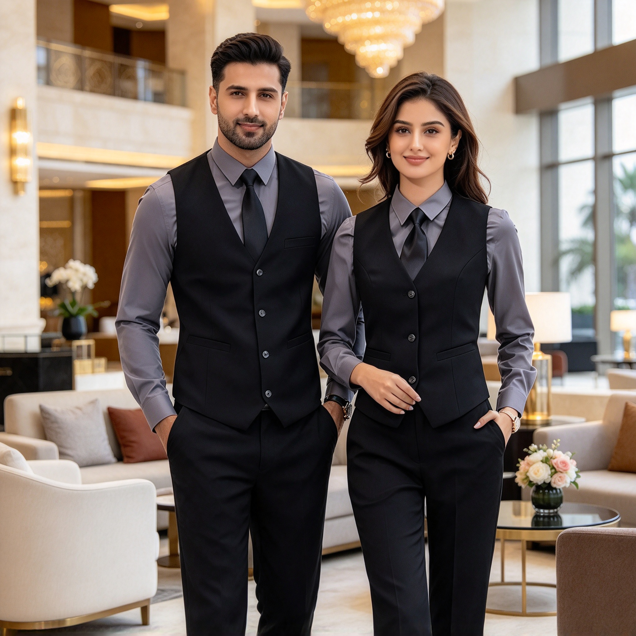 This premium hotel uniform for men and women includes a black tailored vest, white formal shirt, navy blue tie, and black trousers. It is designed for reception, guest service, corporate hospitality, event staff, and front office roles where a neat formal appearance is required. The slim-fit vest creates a structured silhouette, while the white shirt and navy blue tie add clean contrast and professional elegance. The set offers premium fabric finish, precise stitching, comfortable wear for long working hours, and easy coordination for team uniforms. Ideal for hotels, resorts, corporate hospitality, event venues, and formal service environments._5