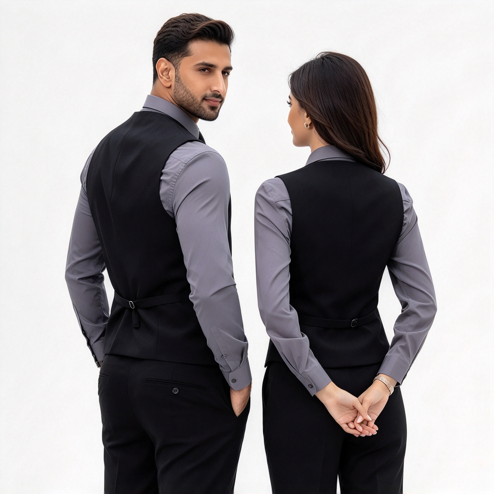 This premium hotel uniform for men and women includes a black tailored vest, white formal shirt, navy blue tie, and black trousers. It is designed for reception, guest service, corporate hospitality, event staff, and front office roles where a neat formal appearance is required. The slim-fit vest creates a structured silhouette, while the white shirt and navy blue tie add clean contrast and professional elegance. The set offers premium fabric finish, precise stitching, comfortable wear for long working hours, and easy coordination for team uniforms. Ideal for hotels, resorts, corporate hospitality, event venues, and formal service environments._7