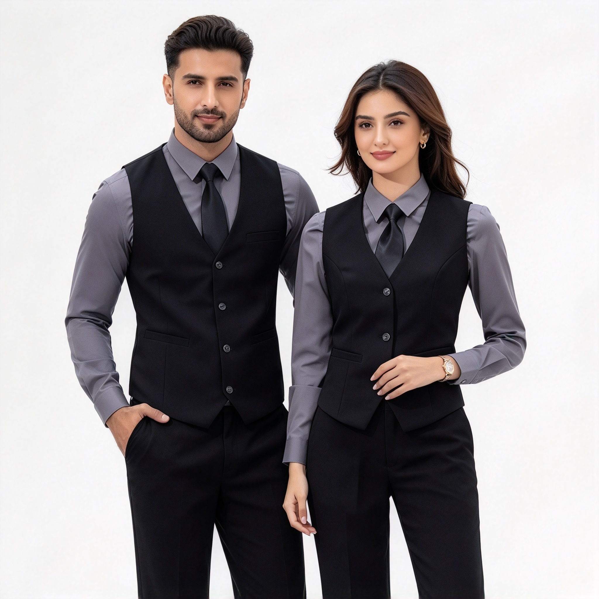 This premium hotel uniform for men and women includes a black tailored vest, white formal shirt, navy blue tie, and black trousers. It is designed for reception, guest service, corporate hospitality, event staff, and front office roles where a neat formal appearance is required. The slim-fit vest creates a structured silhouette, while the white shirt and navy blue tie add clean contrast and professional elegance. The set offers premium fabric finish, precise stitching, comfortable wear for long working hours, and easy coordination for team uniforms. Ideal for hotels, resorts, corporate hospitality, event venues, and formal service environments._8