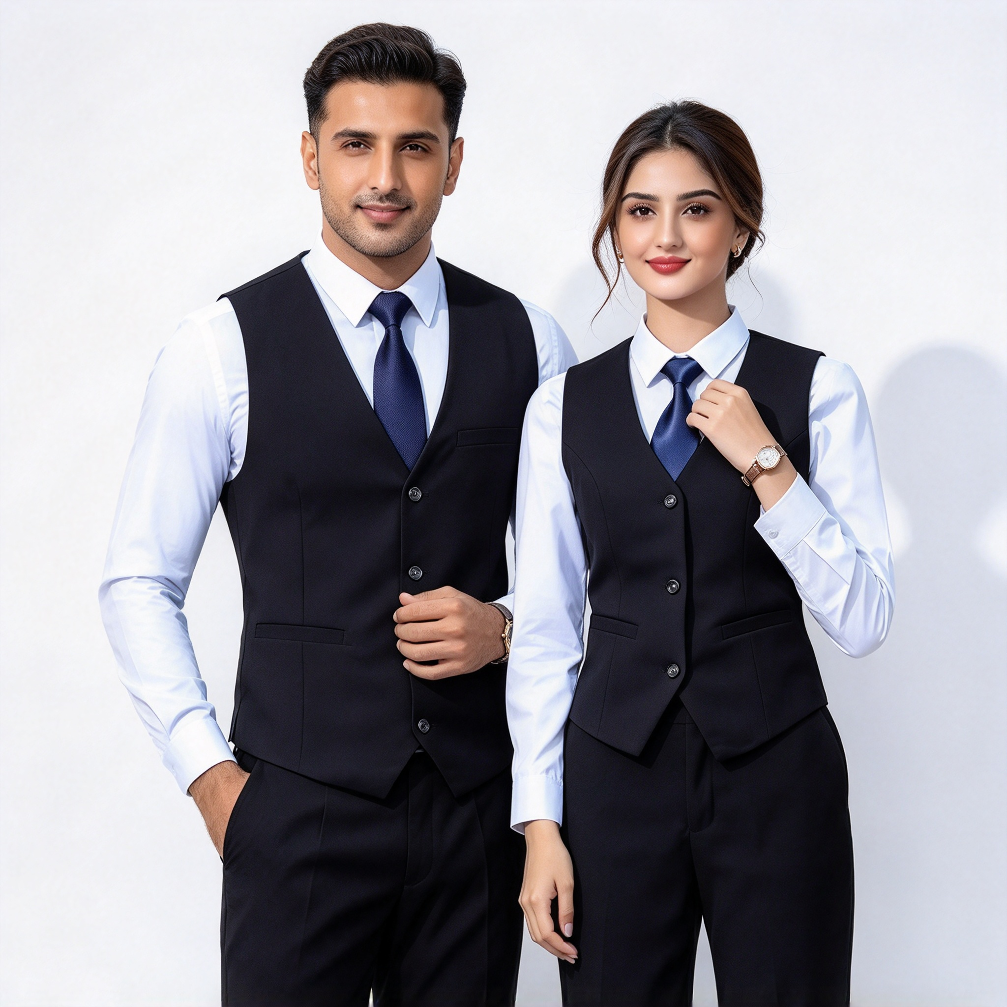 This premium hotel uniform for men and women includes a black tailored vest, white formal shirt, navy blue tie, and black trousers. It is designed for reception, guest service, corporate hospitality, event staff, and front office roles where a neat formal appearance is required. The slim-fit vest creates a structured silhouette, while the white shirt and navy blue tie add clean contrast and professional elegance. The set offers premium fabric finish, precise stitching, comfortable wear for long working hours, and easy coordination for team uniforms. Ideal for hotels, resorts, corporate hospitality, event venues, and formal service environments._12