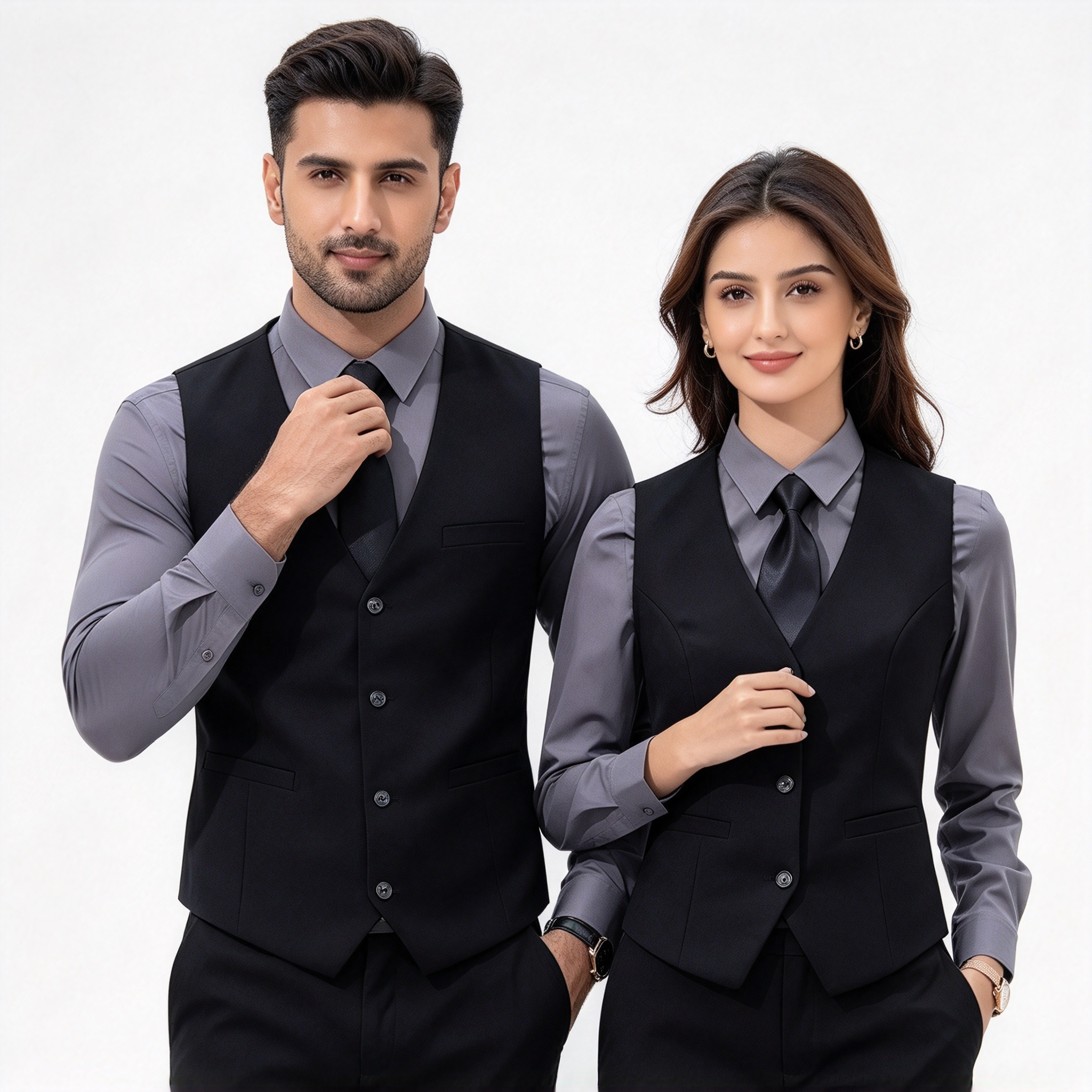 This premium hotel uniform for men and women includes a black tailored vest, white formal shirt, navy blue tie, and black trousers. It is designed for reception, guest service, corporate hospitality, event staff, and front office roles where a neat formal appearance is required. The slim-fit vest creates a structured silhouette, while the white shirt and navy blue tie add clean contrast and professional elegance. The set offers premium fabric finish, precise stitching, comfortable wear for long working hours, and easy coordination for team uniforms. Ideal for hotels, resorts, corporate hospitality, event venues, and formal service environments._2
