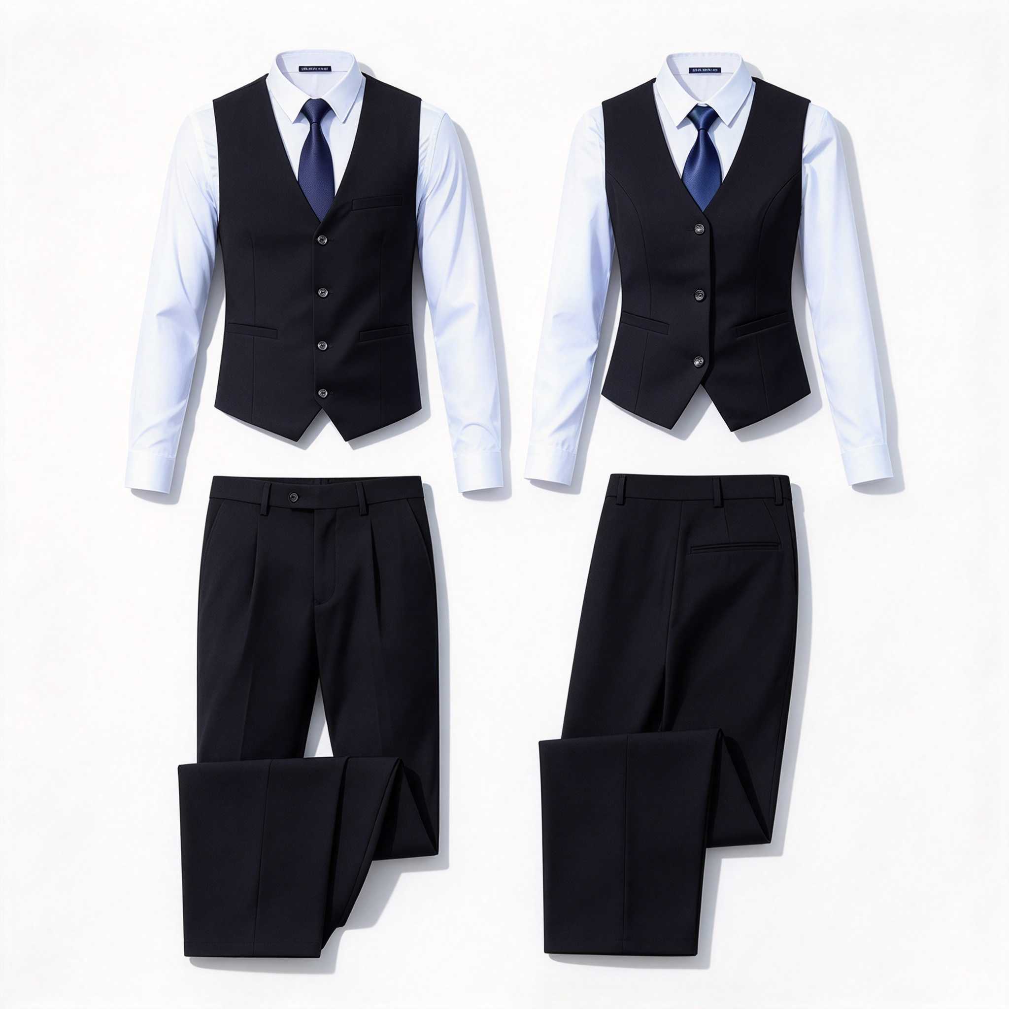This premium hotel uniform for men and women includes a black tailored vest, white formal shirt, navy blue tie, and black trousers. It is designed for reception, guest service, corporate hospitality, event staff, and front office roles where a neat formal appearance is required. The slim-fit vest creates a structured silhouette, while the white shirt and navy blue tie add clean contrast and professional elegance. The set offers premium fabric finish, precise stitching, comfortable wear for long working hours, and easy coordination for team uniforms. Ideal for hotels, resorts, corporate hospitality, event venues, and formal service environments._11