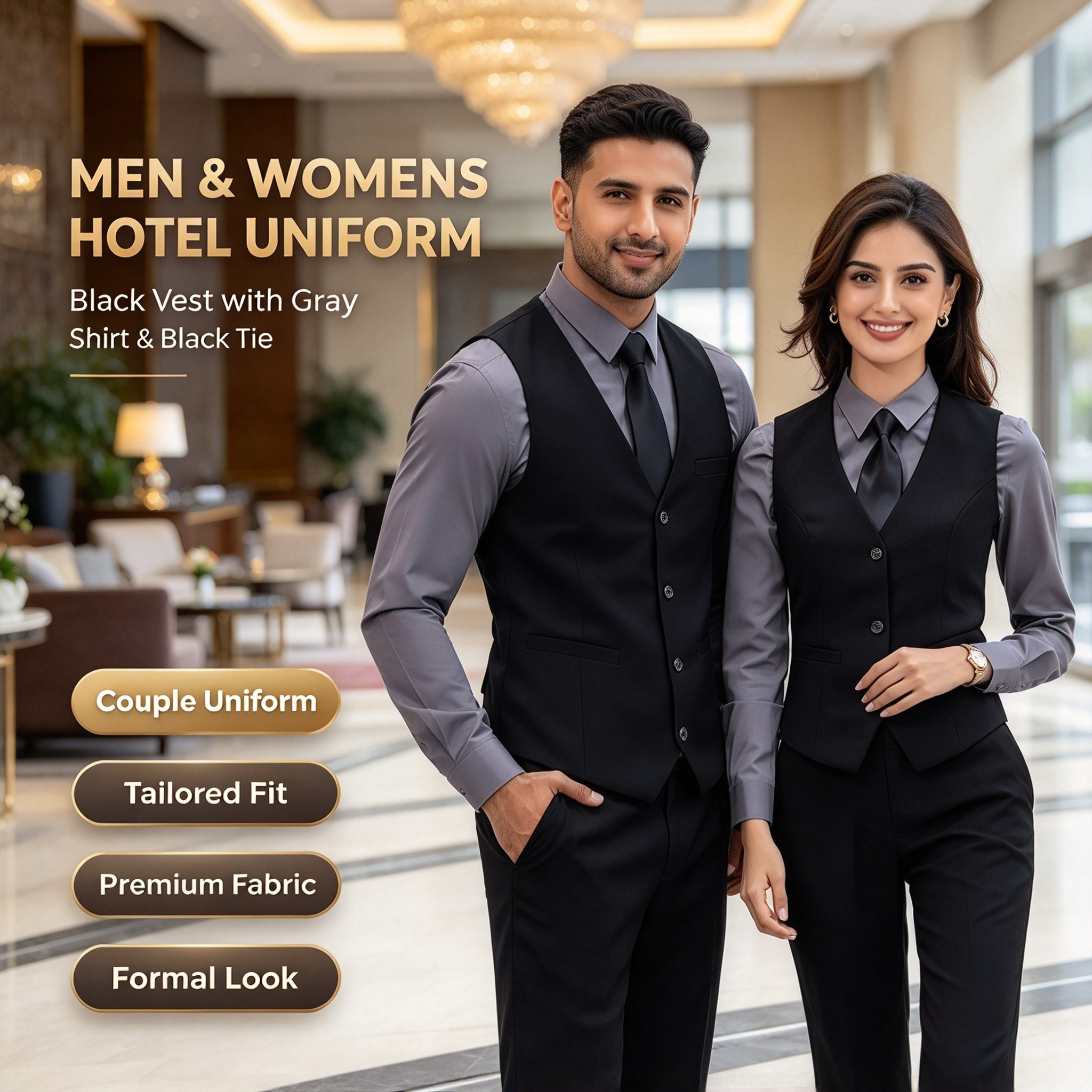 This premium hotel uniform for men and women includes a black tailored vest, white formal shirt, navy blue tie, and black trousers. It is designed for reception, guest service, corporate hospitality, event staff, and front office roles where a neat formal appearance is required. The slim-fit vest creates a structured silhouette, while the white shirt and navy blue tie add clean contrast and professional elegance. The set offers premium fabric finish, precise stitching, comfortable wear for long working hours, and easy coordination for team uniforms. Ideal for hotels, resorts, corporate hospitality, event venues, and formal service environments._4