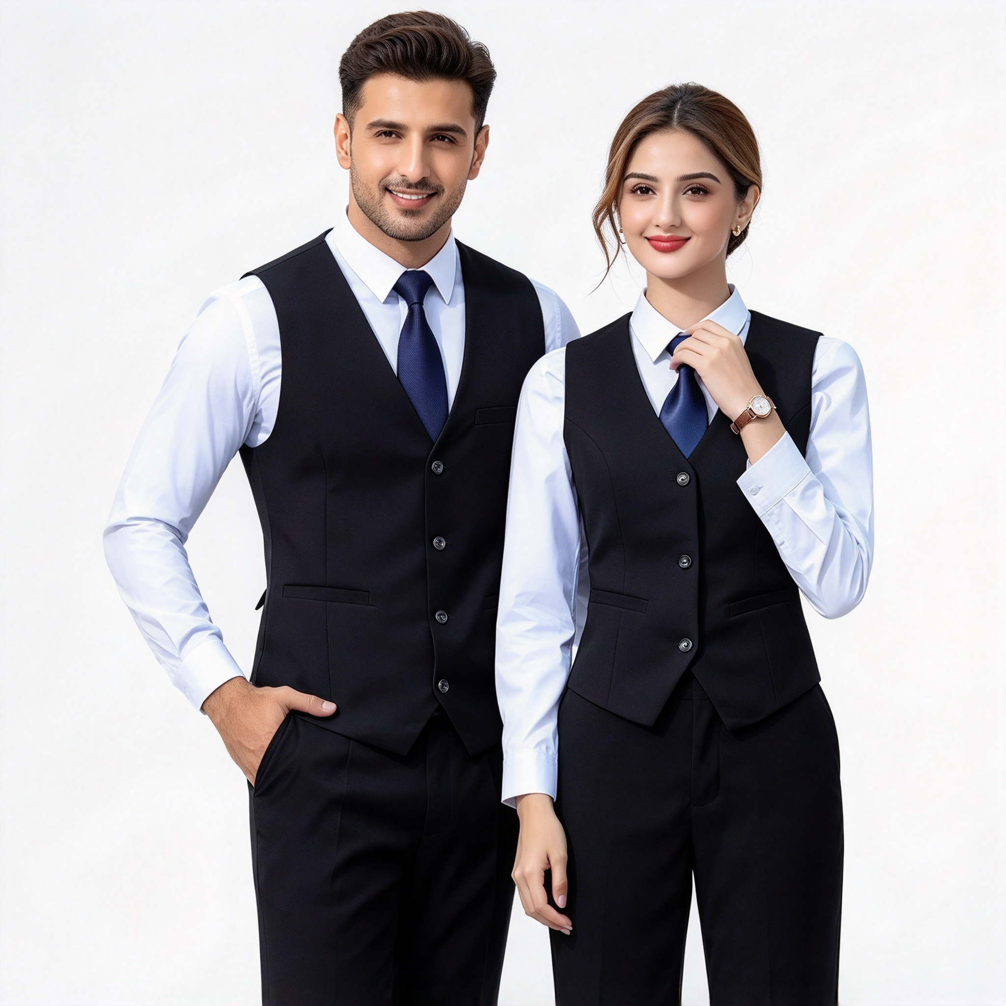This premium hotel uniform for men and women includes a black tailored vest, white formal shirt, navy blue tie, and black trousers. It is designed for reception, guest service, corporate hospitality, event staff, and front office roles where a neat formal appearance is required. The slim-fit vest creates a structured silhouette, while the white shirt and navy blue tie add clean contrast and professional elegance. The set offers premium fabric finish, precise stitching, comfortable wear for long working hours, and easy coordination for team uniforms. Ideal for hotels, resorts, corporate hospitality, event venues, and formal service environments._3