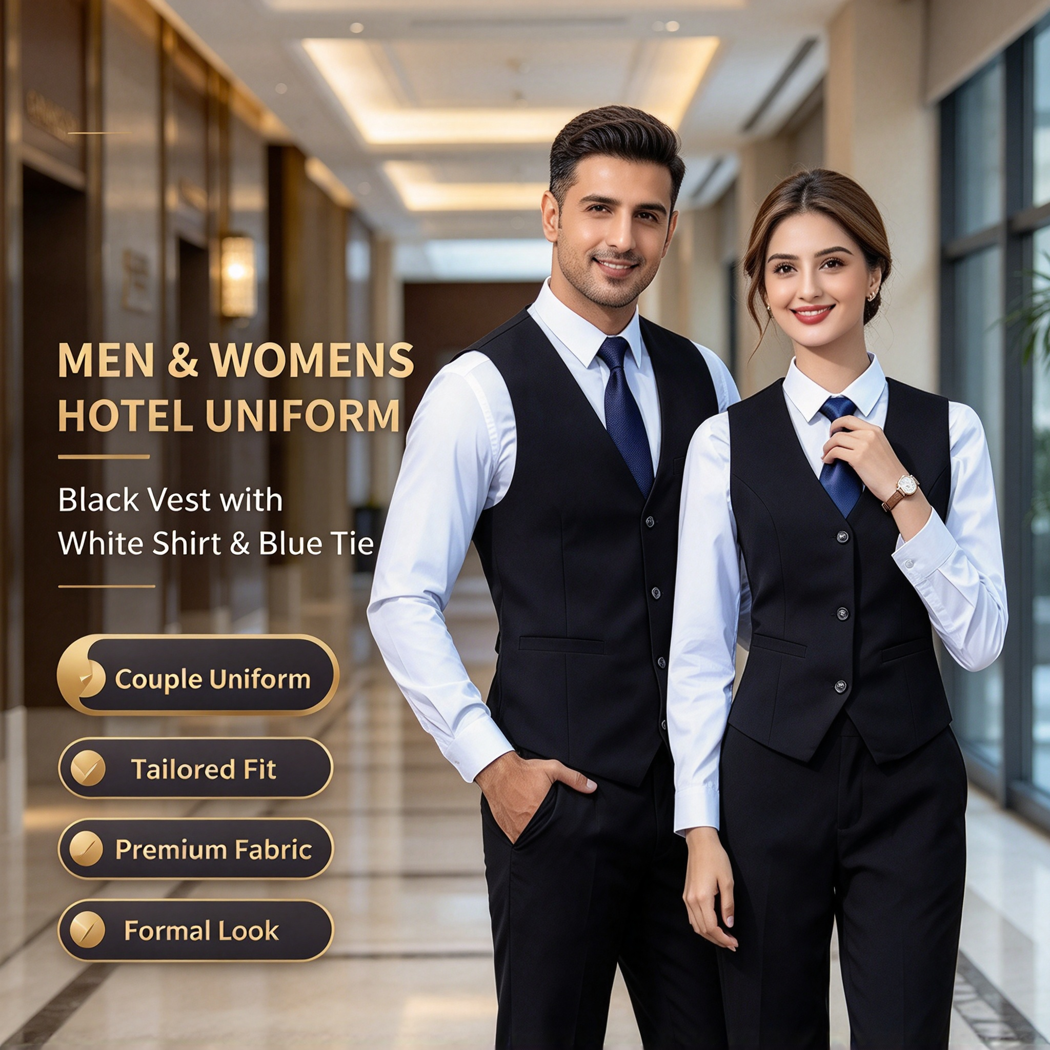 This premium hotel uniform for men and women includes a black tailored vest, white formal shirt, navy blue tie, and black trousers. It is designed for reception, guest service, corporate hospitality, event staff, and front office roles where a neat formal appearance is required. The slim-fit vest creates a structured silhouette, while the white shirt and navy blue tie add clean contrast and professional elegance. The set offers premium fabric finish, precise stitching, comfortable wear for long working hours, and easy coordination for team uniforms. Ideal for hotels, resorts, corporate hospitality, event venues, and formal service environments._9