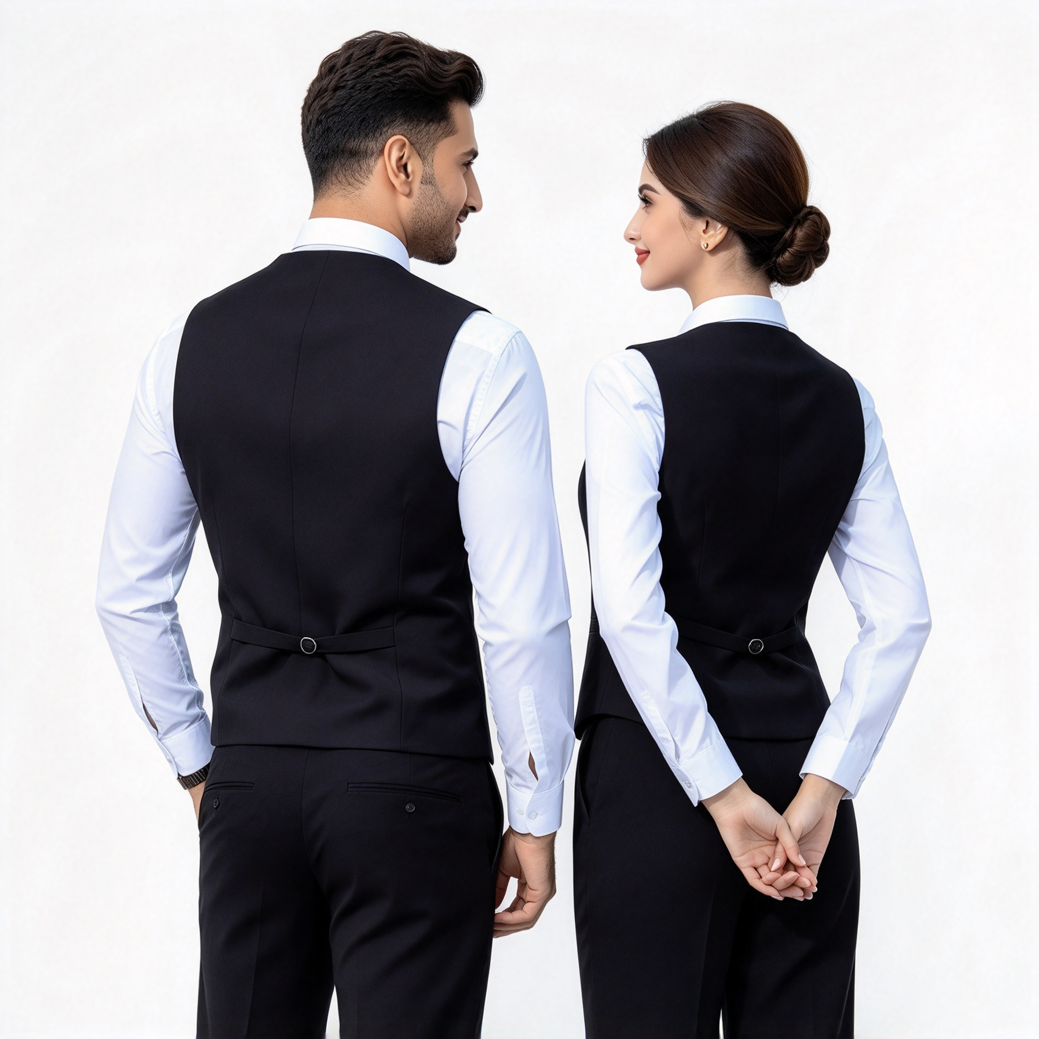 This premium hotel uniform for men and women includes a black tailored vest, white formal shirt, navy blue tie, and black trousers. It is designed for reception, guest service, corporate hospitality, event staff, and front office roles where a neat formal appearance is required. The slim-fit vest creates a structured silhouette, while the white shirt and navy blue tie add clean contrast and professional elegance. The set offers premium fabric finish, precise stitching, comfortable wear for long working hours, and easy coordination for team uniforms. Ideal for hotels, resorts, corporate hospitality, event venues, and formal service environments._13