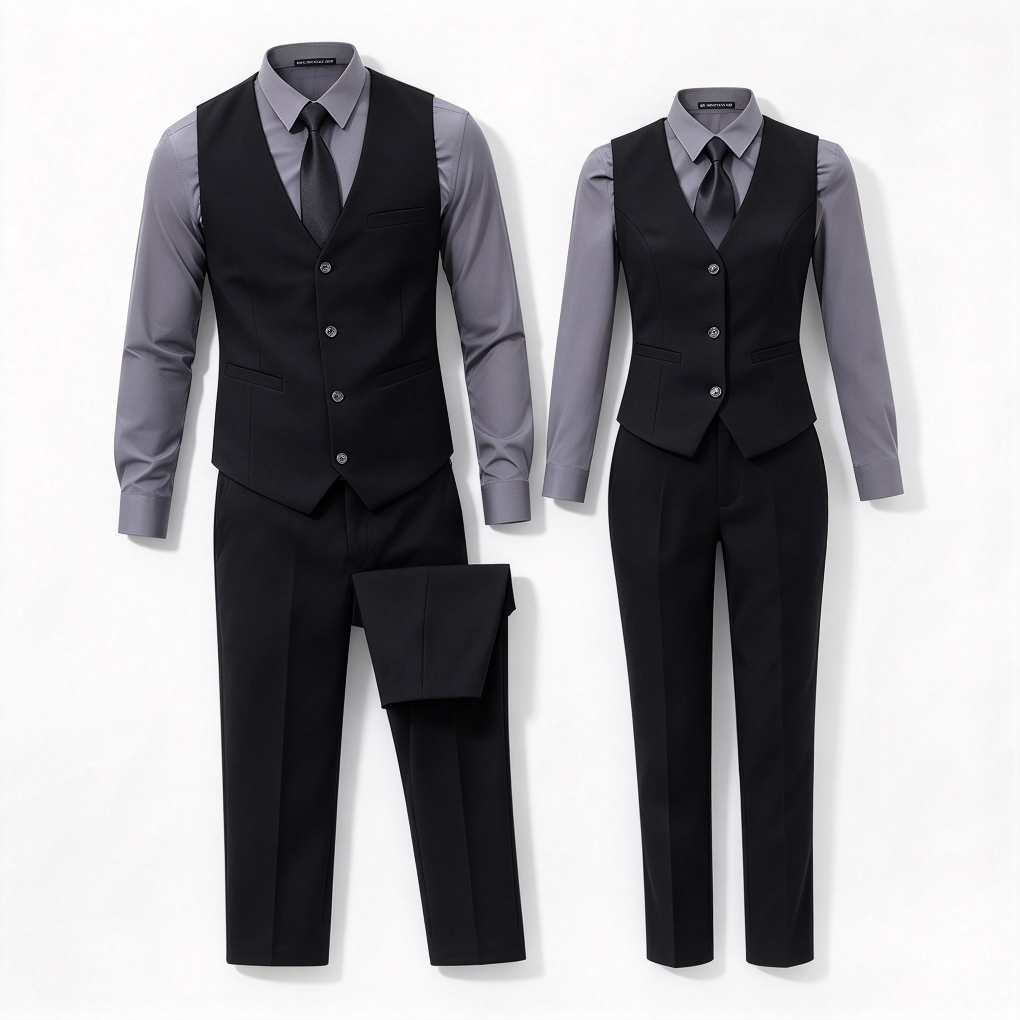 This premium hotel uniform for men and women includes a black tailored vest, white formal shirt, navy blue tie, and black trousers. It is designed for reception, guest service, corporate hospitality, event staff, and front office roles where a neat formal appearance is required. The slim-fit vest creates a structured silhouette, while the white shirt and navy blue tie add clean contrast and professional elegance. The set offers premium fabric finish, precise stitching, comfortable wear for long working hours, and easy coordination for team uniforms. Ideal for hotels, resorts, corporate hospitality, event venues, and formal service environments._6